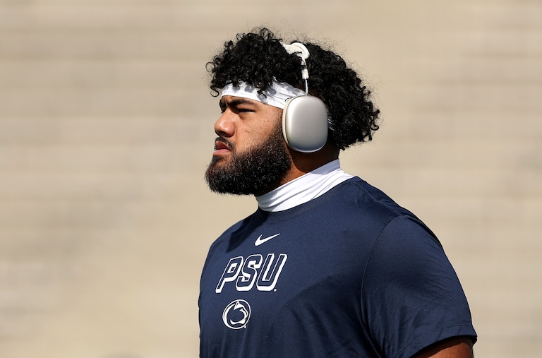 Olaivavega Ioane #71 of the Penn State Nittany Lions looks on before the game against the UCLA Bruins at Rose Bowl Stadium on October 04, 2025 in Pasadena, California.