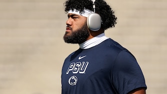 Olaivavega Ioane #71 of the Penn State Nittany Lions looks on before the game against the UCLA Bruins at Rose Bowl Stadium on October 04, 2025 in Pasadena, California.