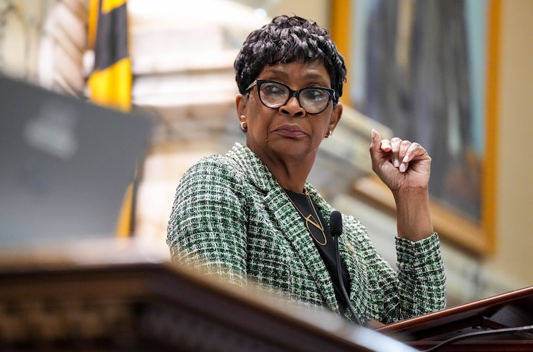 House of Delegates Speaker Adrienne A. Jones moderates floor debate on crossover day at the Maryland State House in Annapolis, Md. on Monday, March 17, 2025. Any bill not passed by either the House or Senate by midnight on crossover day is likely defeated for the 2025 session.