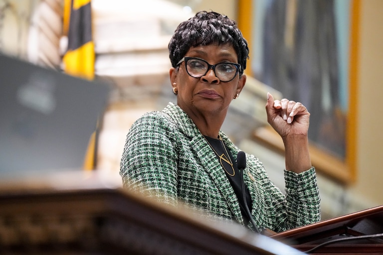 House of Delegates Speaker Adrienne A. Jones moderates floor debate on crossover day at the Maryland State House in Annapolis, Md. on Monday, March 17, 2025. Any bill not passed by either the House or Senate by midnight on crossover day is likely defeated for the 2025 session.