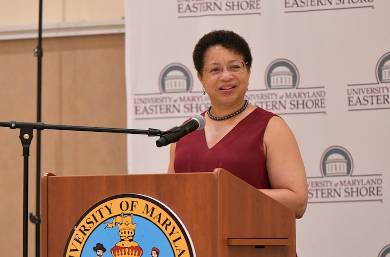 Dr. Heidi Anderson speaks as she is presented with the Distinguished Citizen Award at the University of Maryland Eastern Shore in 2021.