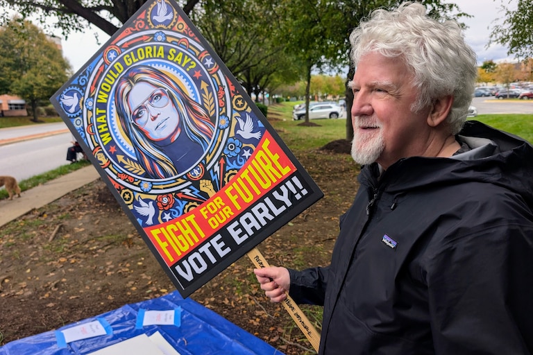 Charlie West, a graphic designer, has brought signs to every No Kings protest next to the Annapolis Mall. On Saturday, Oct. 17 he was one of about 600 people who turned out.