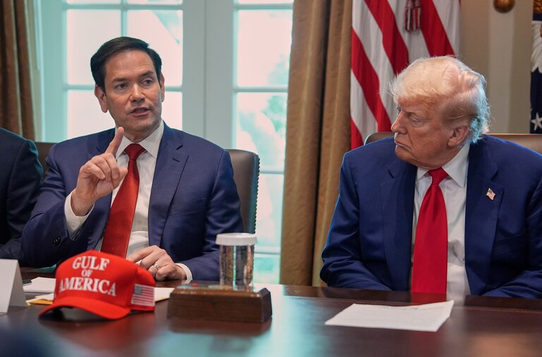 Secretary of State Marco Rubio speaks during a cabinet meeting at the White House, Wednesday, April 30, 2025, in Washington, as President Donald Trump look on.