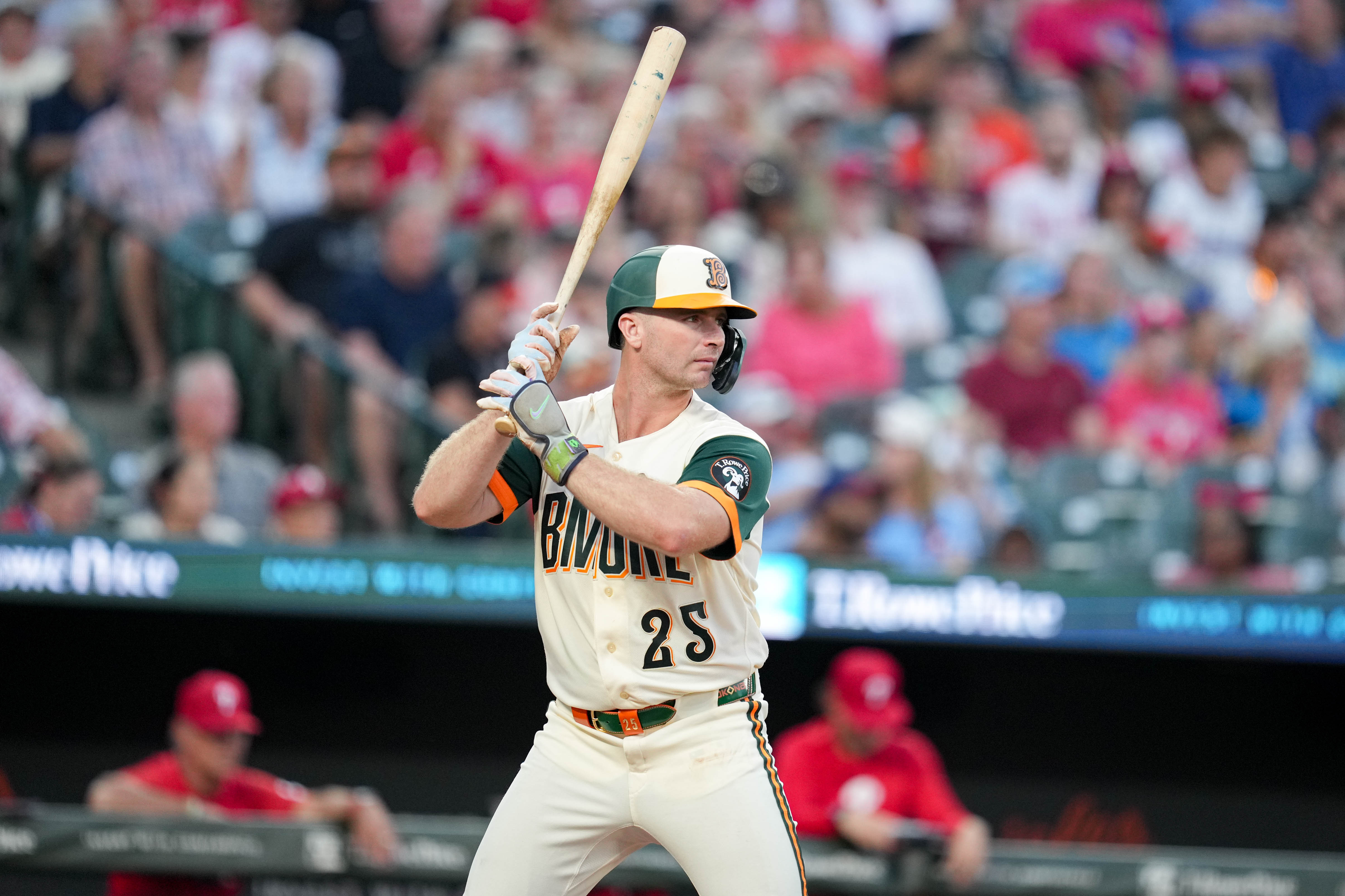 Baltimore Orioles first baseman Pete Alonso takes his at-bat in the game against the Philadelphia Phillies in Baltimore last month.