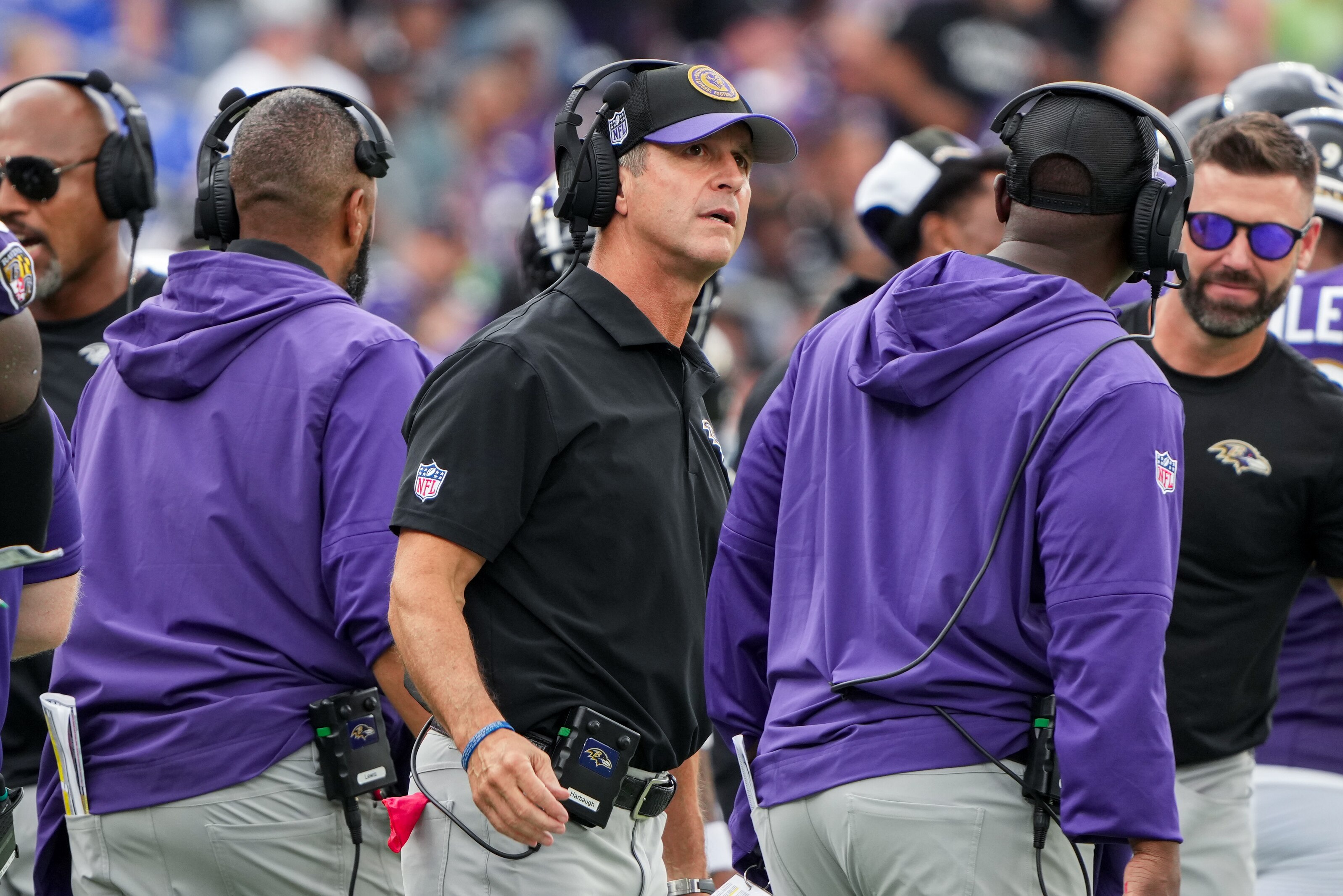 Baltimore Ravens head coach John Harbaugh looks up at the scoreboard in the opening game of the season against the Houston Texans at M&T Bank Stadium on Sunday, Sept. 10, 2023.