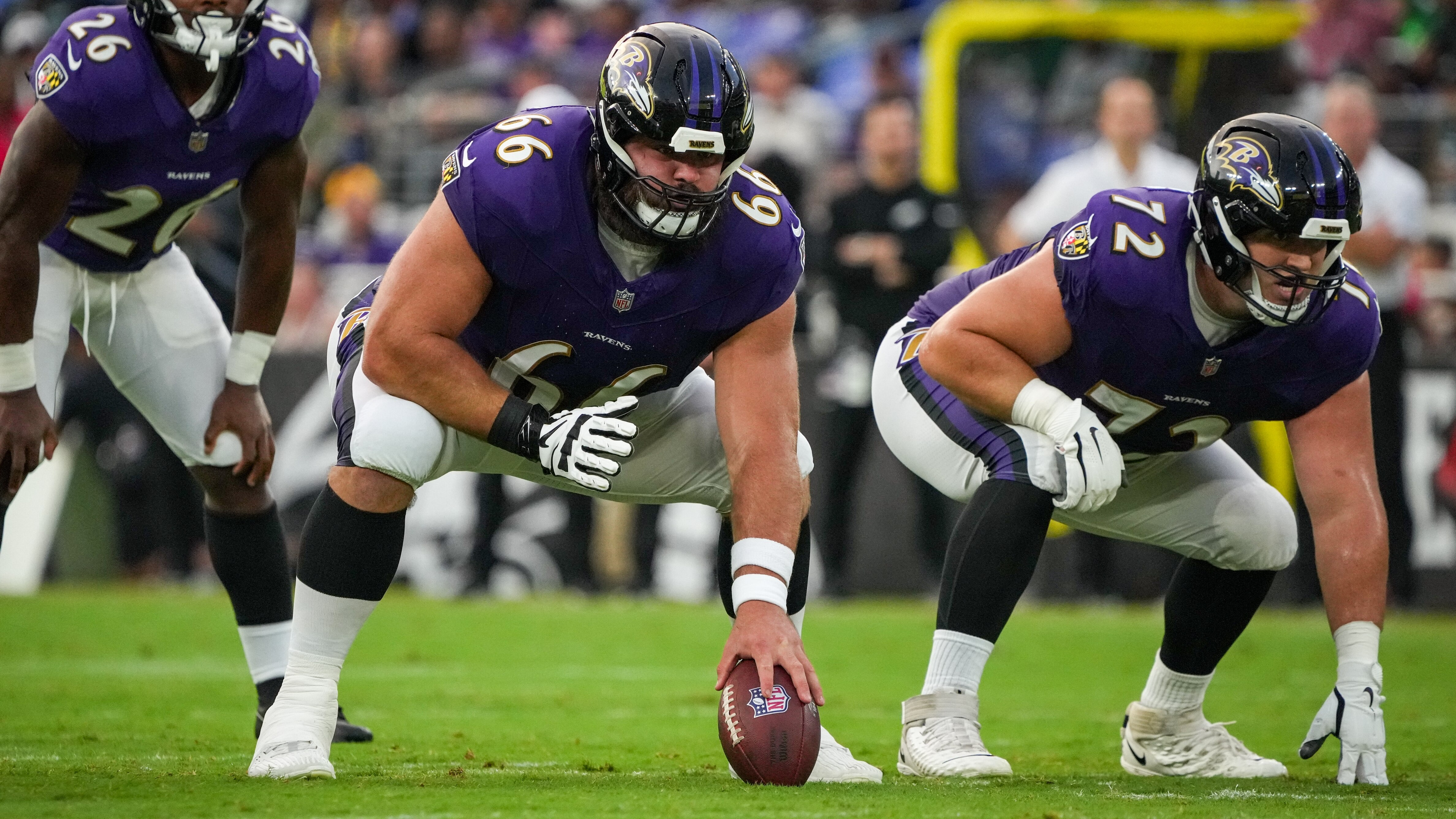 Baltimore Ravens center Ben Cleveland (66) and the offensive line ready up during the team’s preseason game against the Philadelphia Eagles at M&T Bank Stadium in Baltimore on Friday, August 09, 2024.