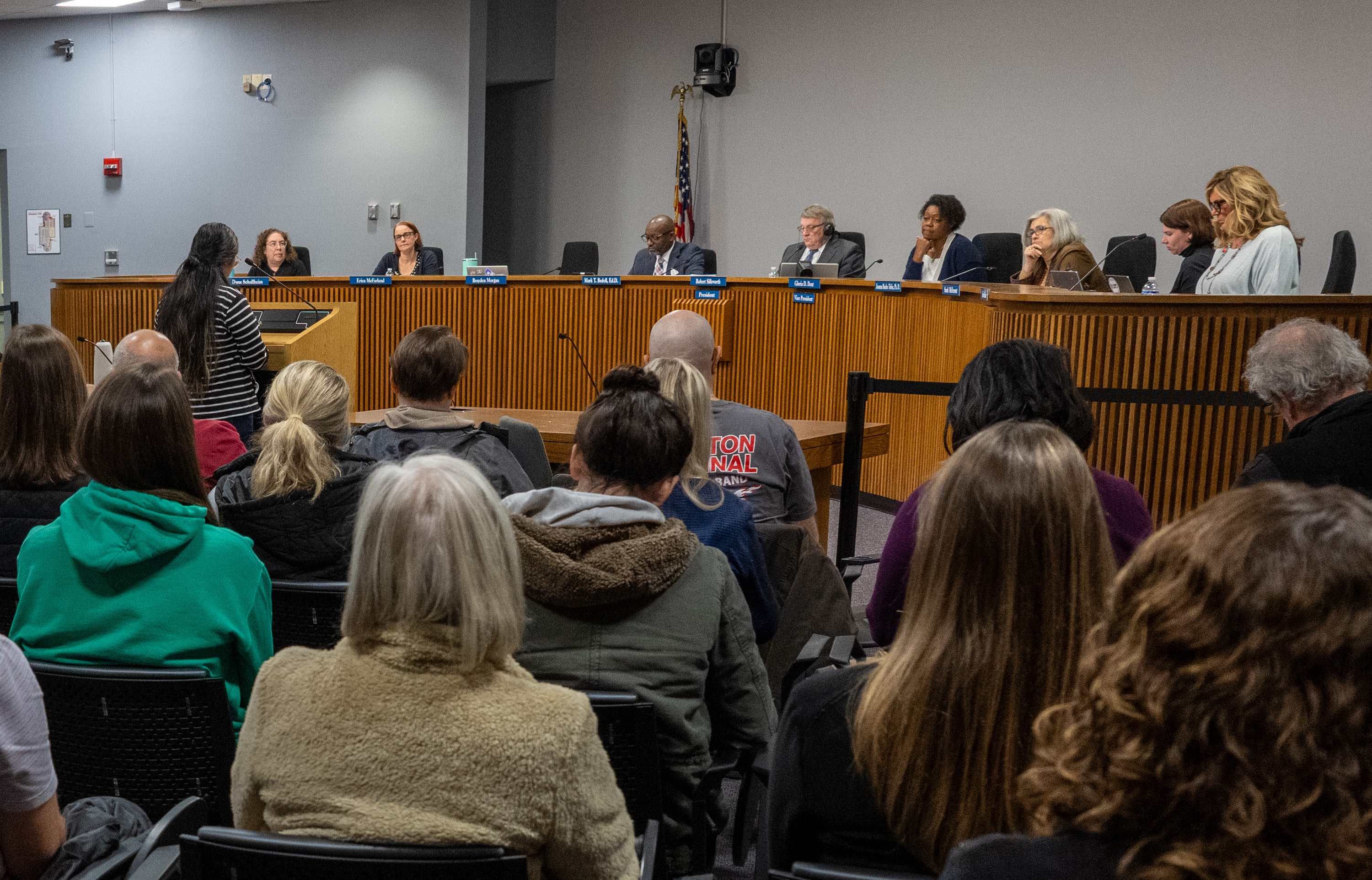 A parent speaks during a special Anne Arundel County school board meeting giving parents a chance to weigh in on the county’s redistricting plans last fall.