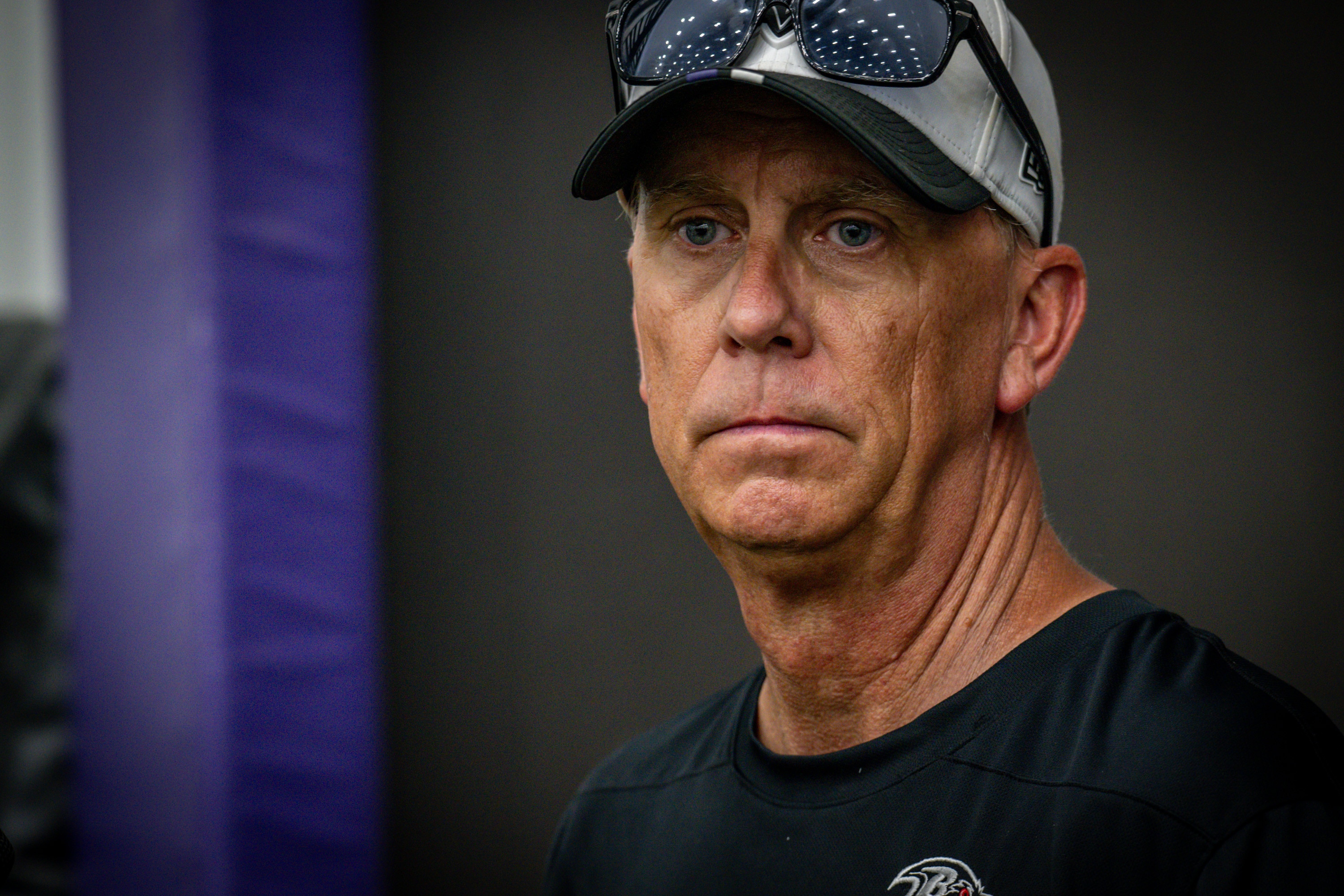 Thursday, July 31, 2025 — Baltimore Ravens offensive coordinator Todd Monken takes questions from reporters following practice at Ravens training camp.