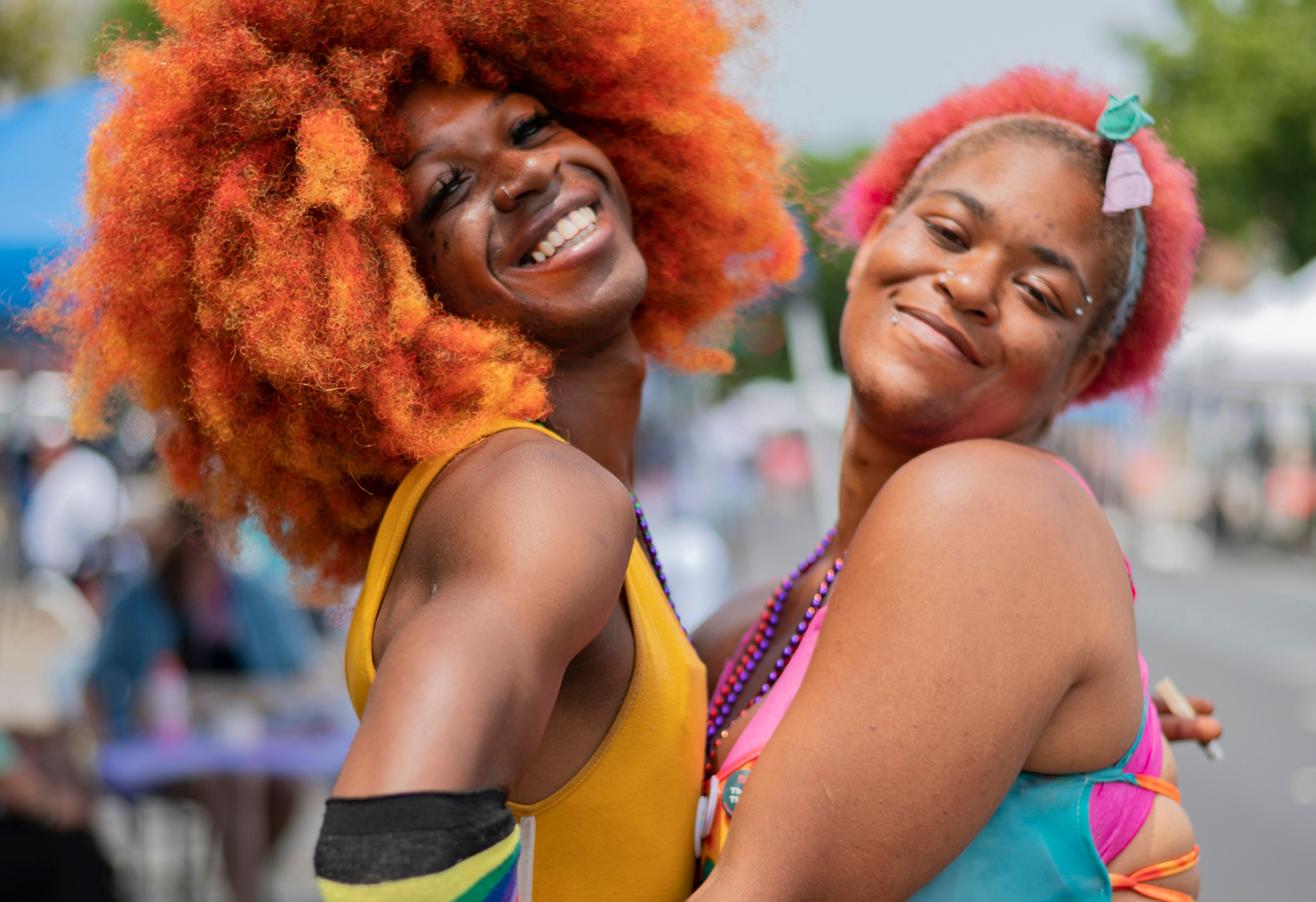 Izzy Turner and Brittany Dixon show off their outfits at Trans Pride in Baltimore on June 3, 2023.