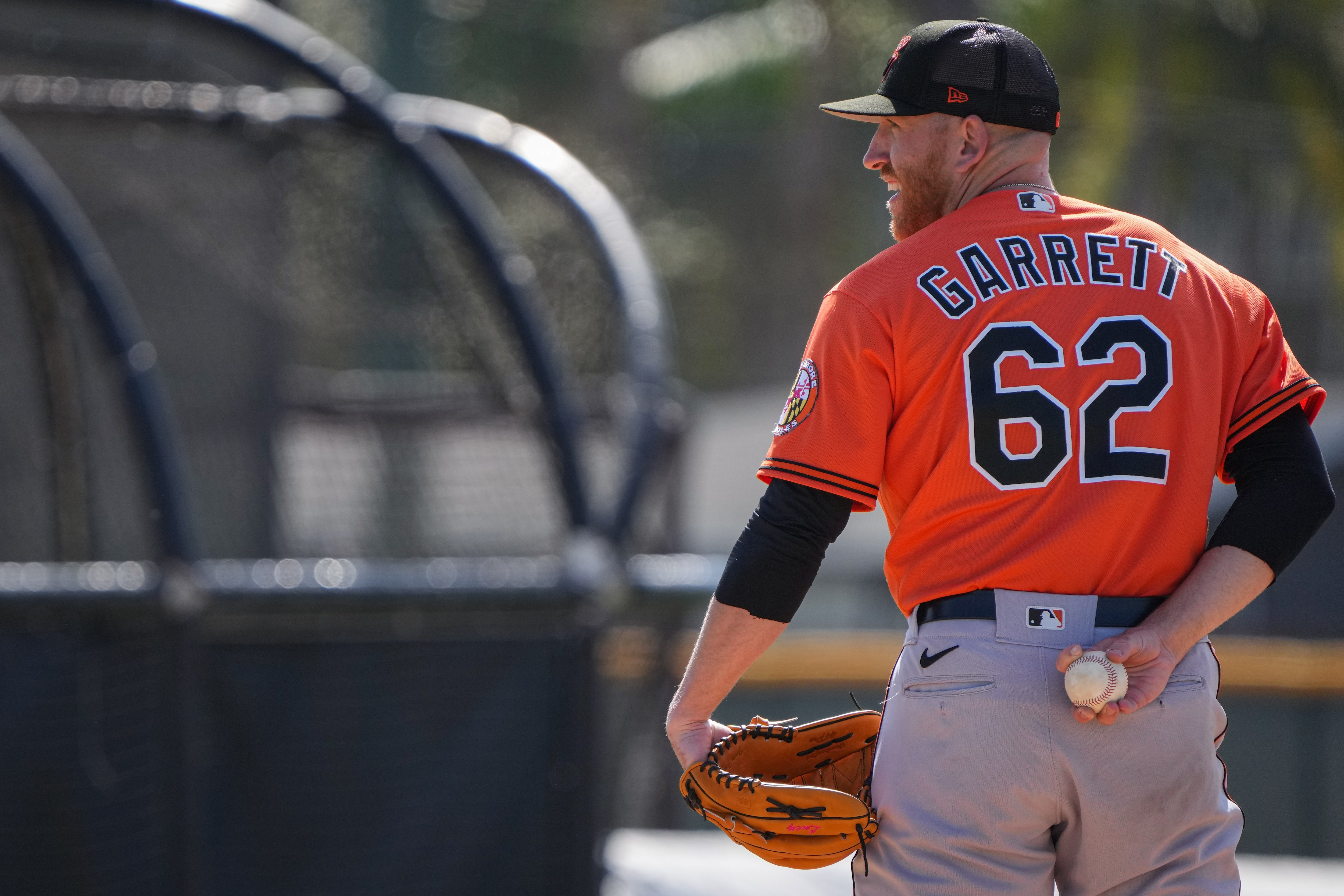 Reed Garrett (62) prepares to deliver a pitch during batting practice at Ed Smith Stadium in Sarasota on 2/22/23. The Baltimore Orioles’ Spring Training session runs from mid-February through the end of March.