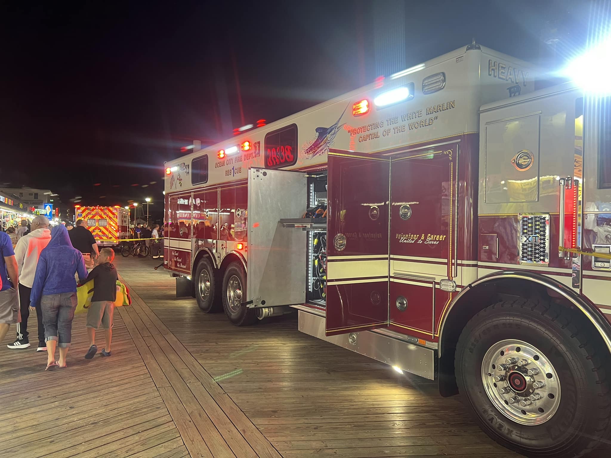 Ocean City Firefighters, EMS Clinicians and the Ocean City Police Department were on the scene of a serious motor vehicle collision involving a pedestrian and tram near Dorchester Street and the Boardwalk. A portion of the Boardwalk was closed during the investigation, Aug. 20, 2024.