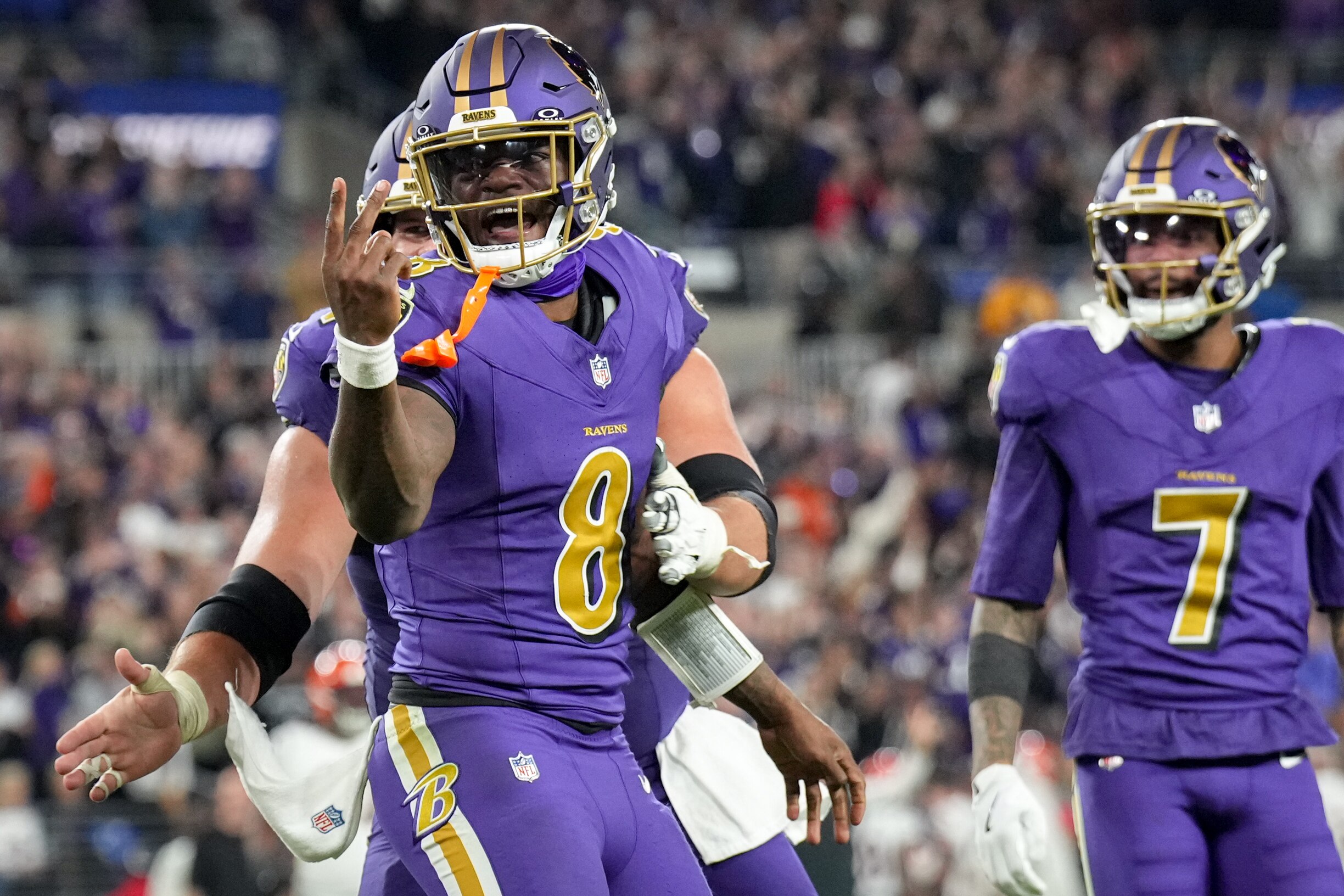 Baltimore Ravens quarterback Lamar Jackson (8) yells that he wants to go for a two-point conversion during a Thursday Night Football game against the Cincinnati Bengals at M&T Bank Stadium in Baltimore, Md., on November 7, 2024. The Baltimore Ravens won, 35-34.