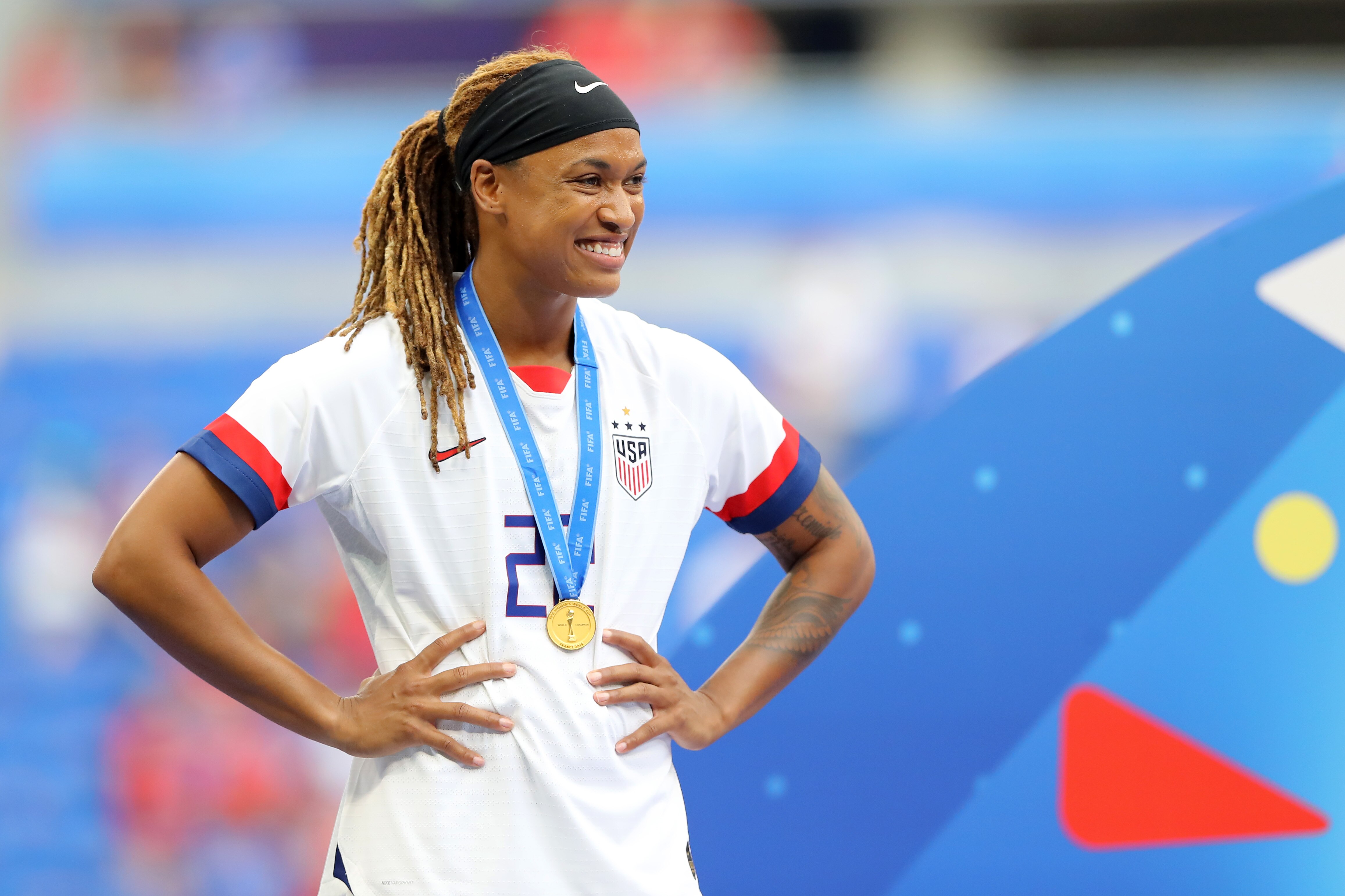 LYON, FRANCE - JULY 07:  Jessica McDonald of the USA celebrates following her sides victory in the 2019 FIFA Women's World Cup France Final match between The United States of America and The Netherlands at Stade de Lyon on July 07, 2019 in Lyon, France. (Photo by Elsa/Getty Images)