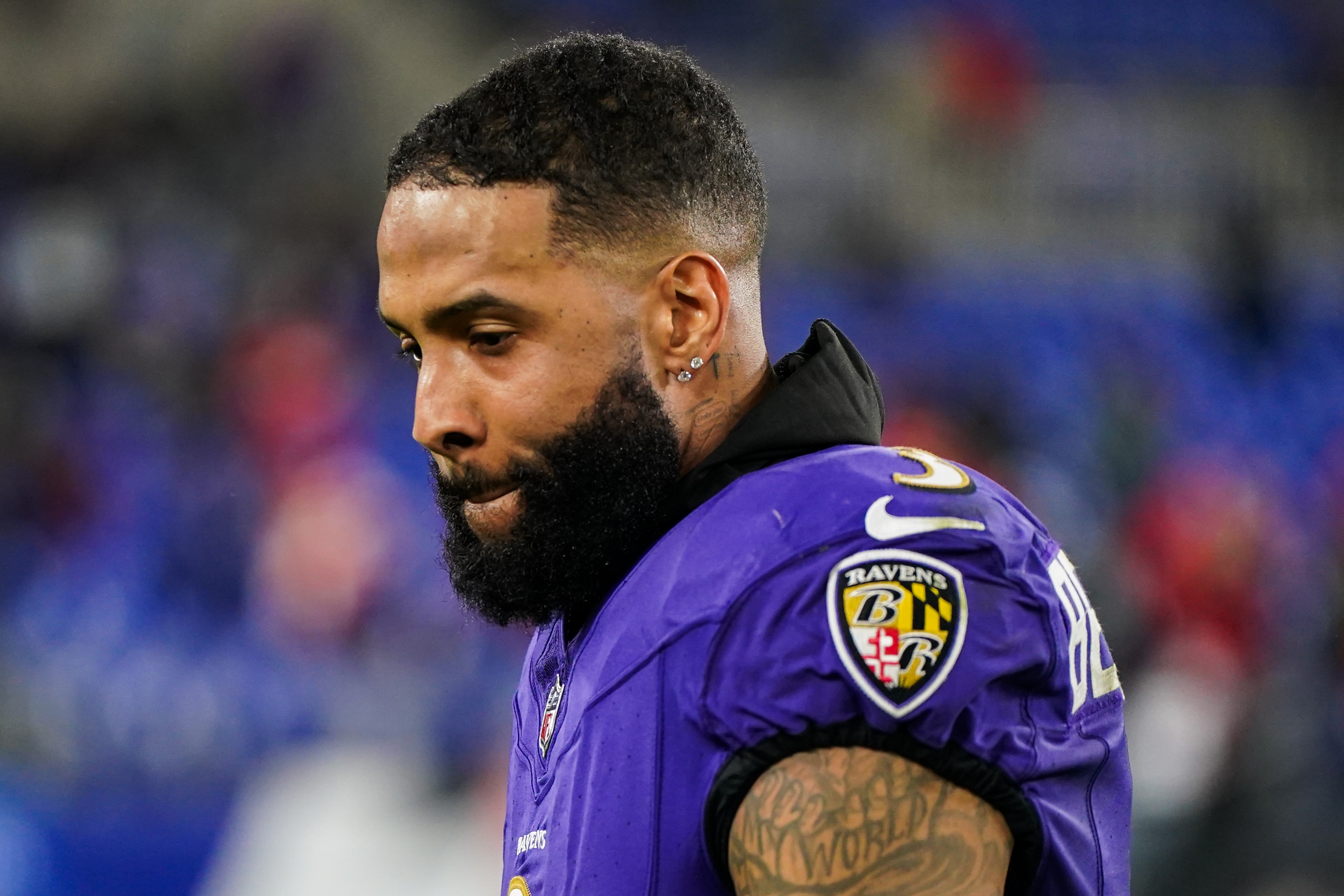 Baltimore Ravens wide receiver Odell Beckham Jr. walks off the field after the team’s 17-10 loss to the Kansas City Chiefs in the AFC Championship game at M&T Bank Stadium on Sunday, Jan. 28, 2024.