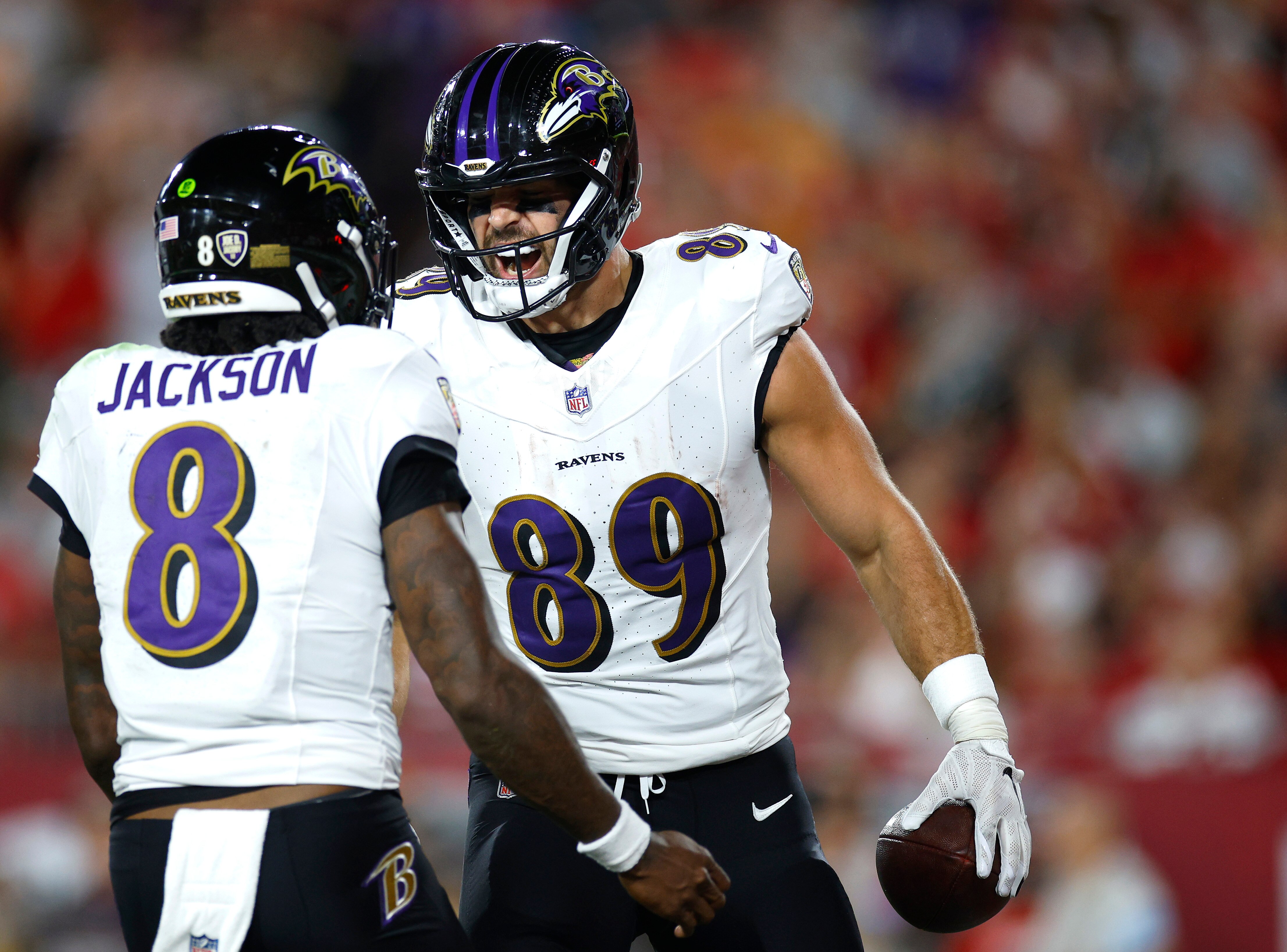 Mark Andrews celebrates his record-setting touchdown during the Ravens’ Monday Night game in Tampa Bay.