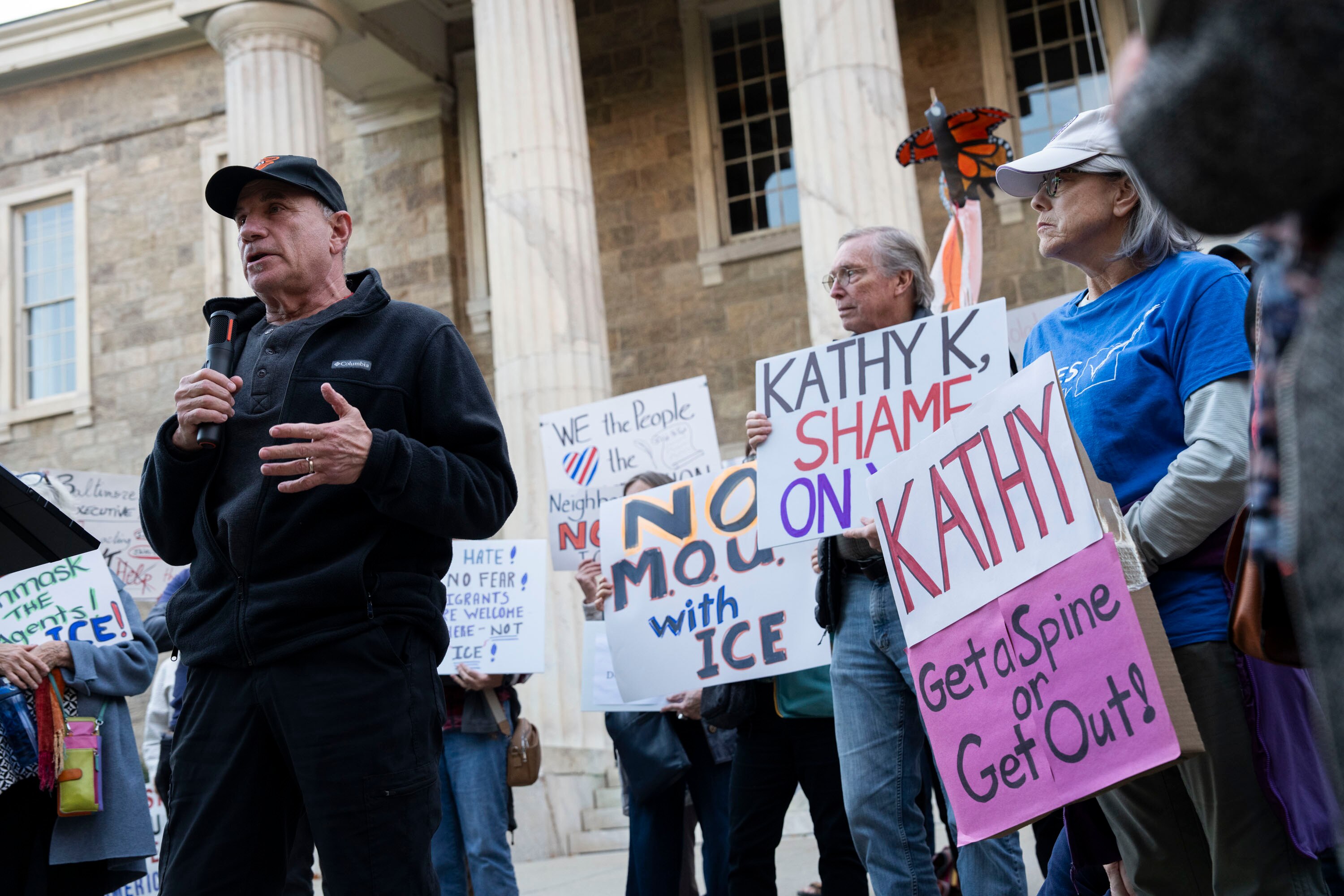 Councilman Izzy Patoka announces proposing legislation to block ICE activity in Baltimore County during a rally Wednesday.