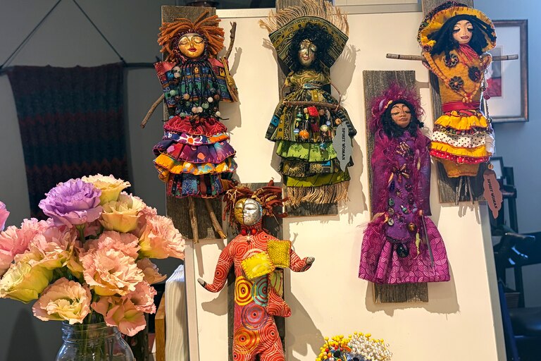 Colorful array of “spirit women dolls” in Lois Sumser’s studio.