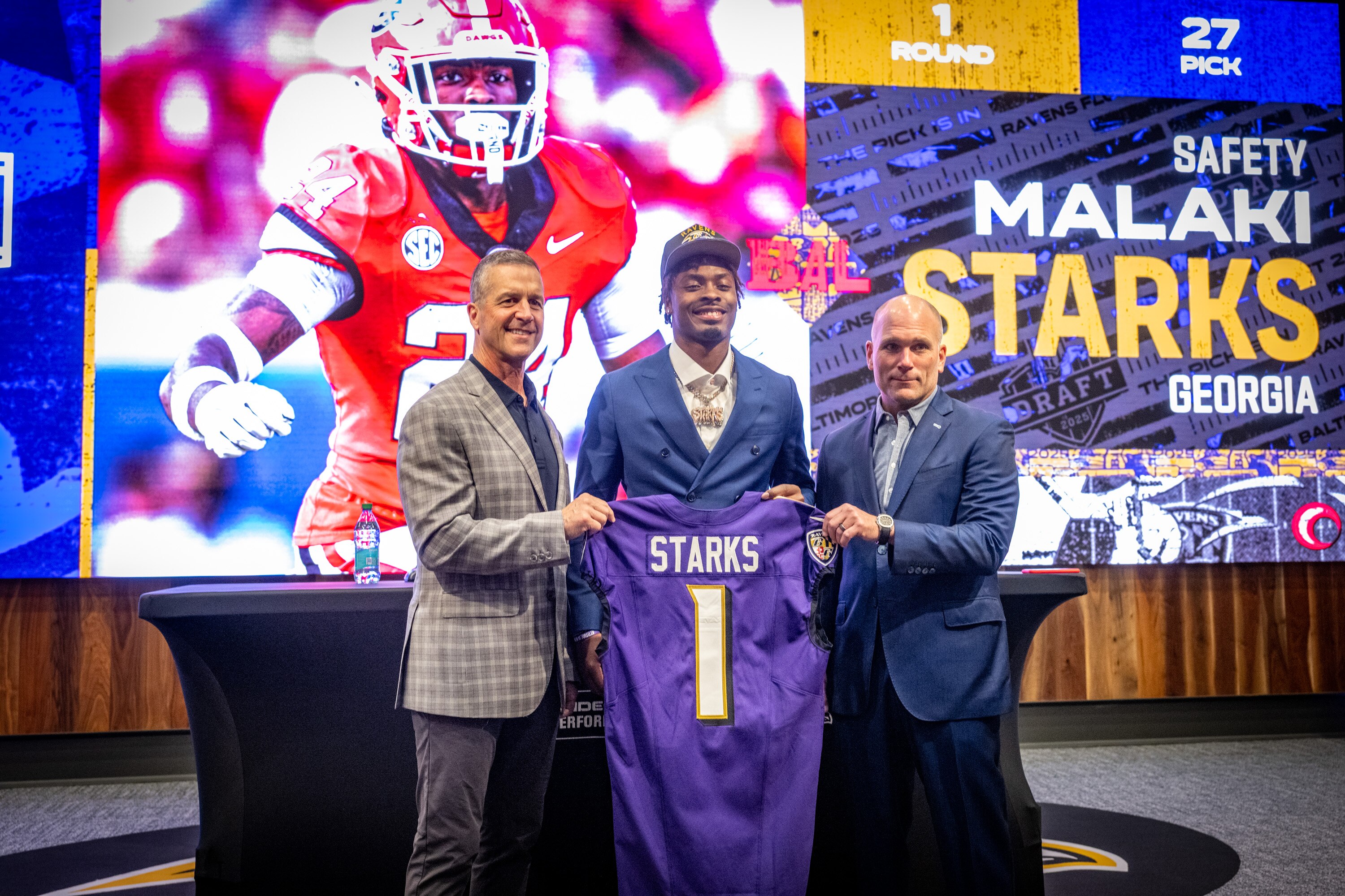 Safety Malaki Starks is introduced with coach John Harbaugh and general manager Eric DeCosta at the Under Armour Performance Center as the Baltimore Ravens first round pick of the 2025 NFL football draft, Friday, April 25, 2025.