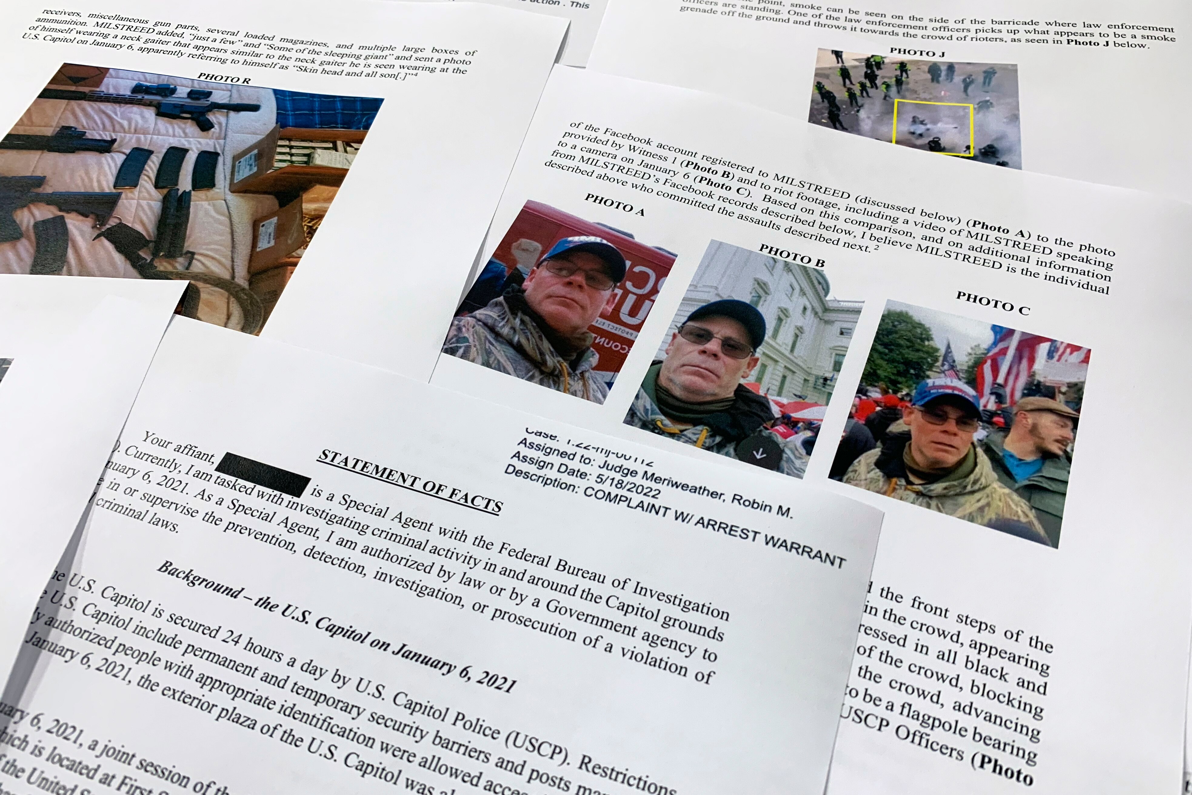FILE - The statement of facts to support the arrest warrant for Rodney Milstreed of Finksburg is photographed Tuesday, May 24, 2022, in Washington. (AP Photo/Jon Elswick, File)