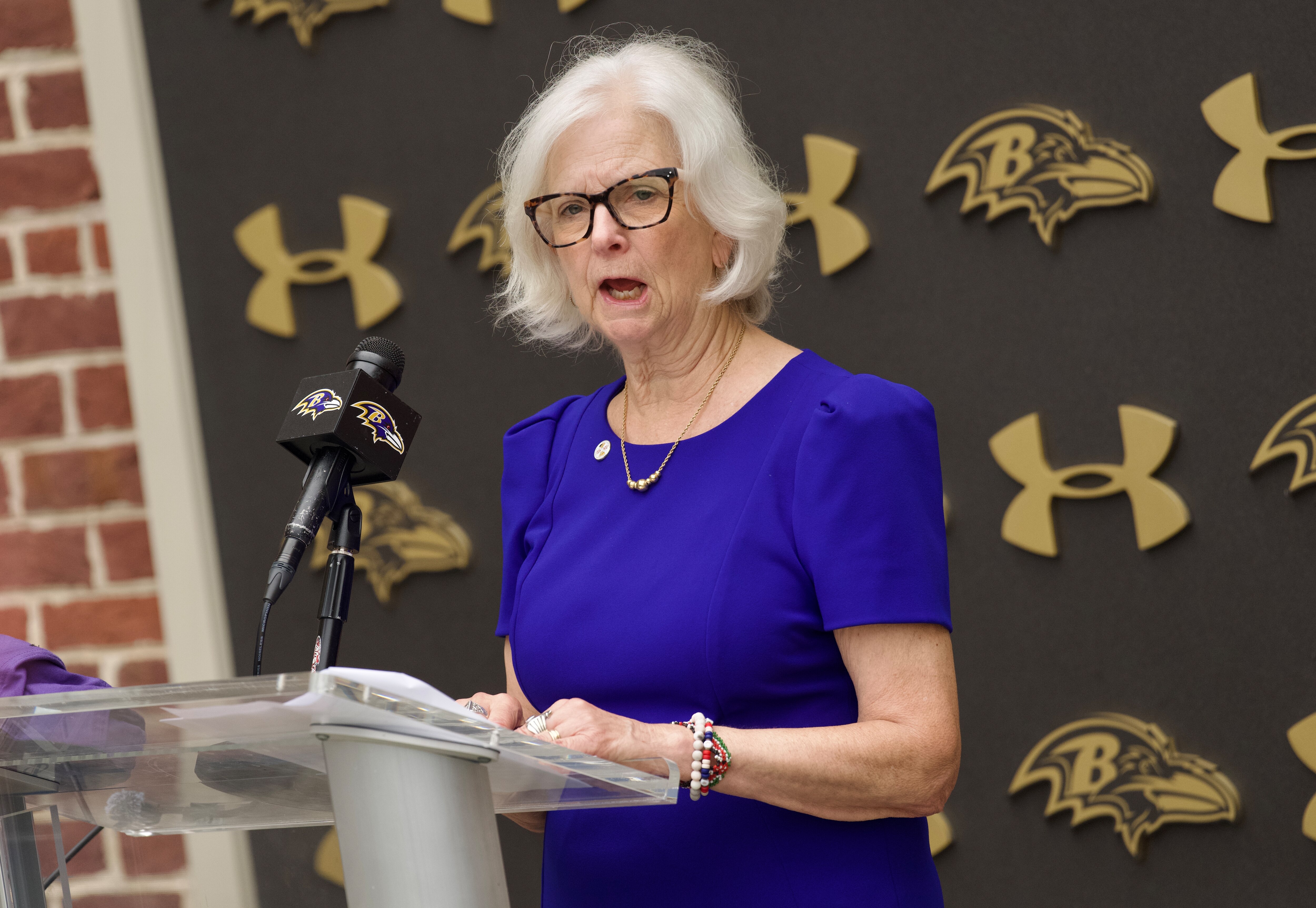 July 28, 2026 - Baltimore County Executive Kathy Klausmeier speaks at a press conference announcing news regarding the Baltimore Ravens and their presence in Baltimore County at the Owings Mills training center.