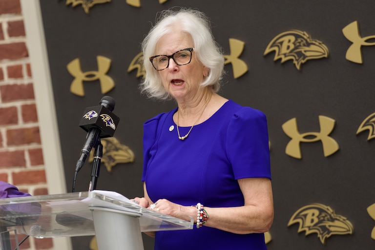 July 28, 2026 - Baltimore County Executive Kathy Klausmeier speaks at a press conference announcing news regarding the Baltimore Ravens and their presence in Baltimore County at the Owings Mills training center.
