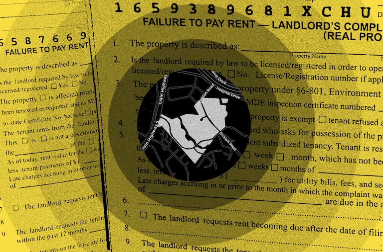 Photo collage showing map of land parcels at center of radiating circles, placed over background of eviction slip labeled “Failure to pay rent.”
