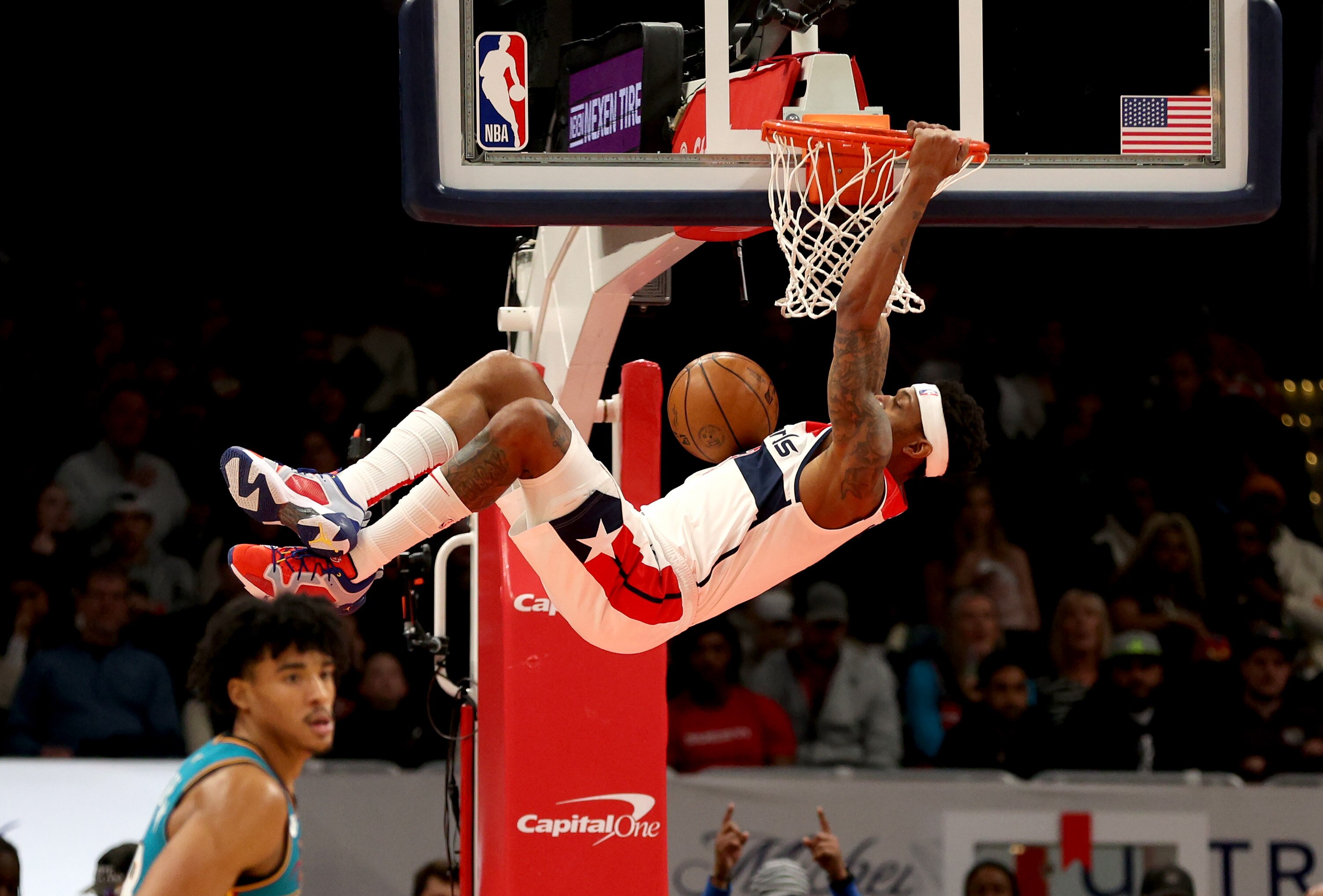 Bradley Beal, No. 3 of the Washington Wizards, dunks the ball against the Detroit Pistons in the first half at Capital One Arena on March 14, 2023 in Washington, D.C.