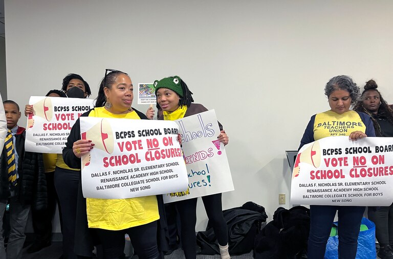 More than 100 people jammed into the Baltimore City schools board room on Thursday Dec. 11, 2025 to protest the proposed closure of several schools in June 2026.