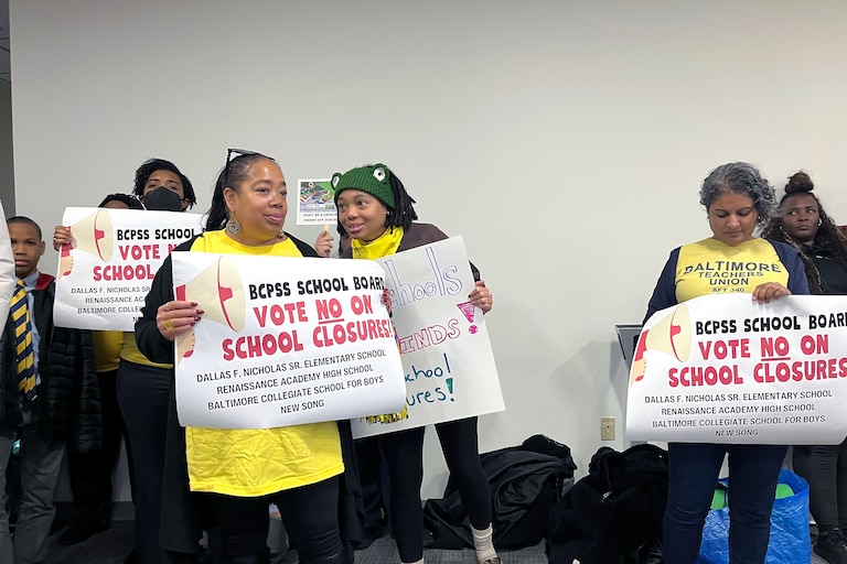 More than 100 people jammed into the Baltimore City schools board room on Thursday Dec. 11, 2025 to protest the proposed closure of several schools in June 2026.