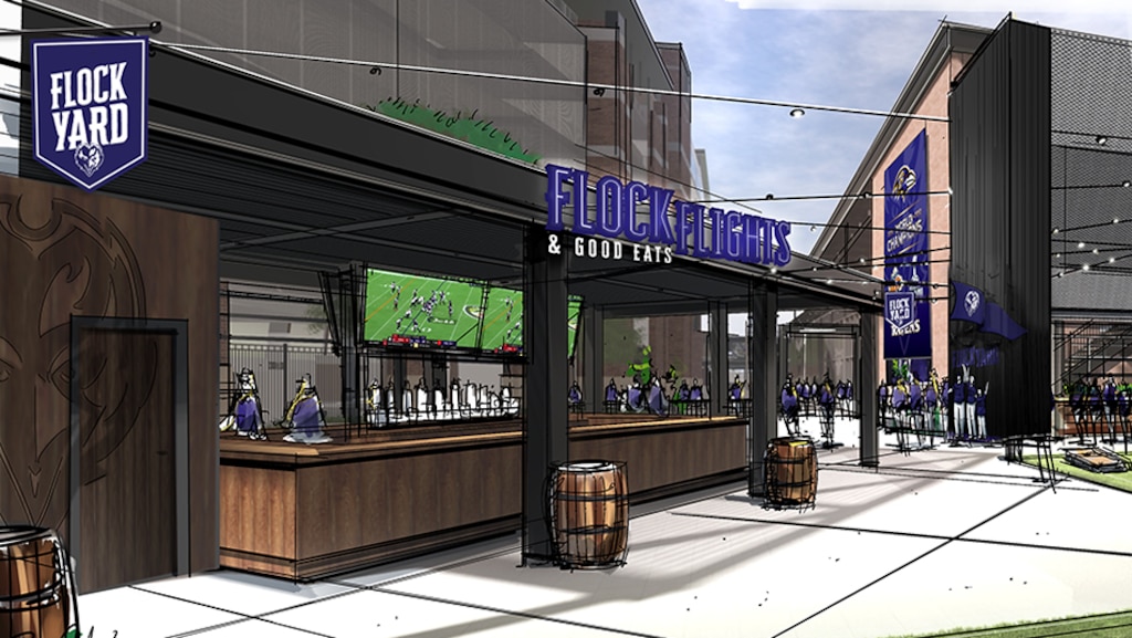 Renderings of renovations planned at M&T Bank Stadium, including The FlockYard, a flexible use hospitality area.