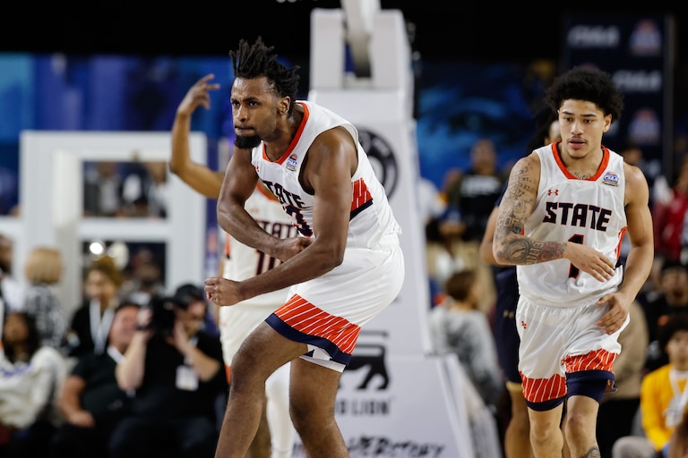 Virginia State forward Jared White (13) celebrates his made three point basket during the second half of the CIAA men’s final college basketball game against Bluefield State, Saturday, Mar. 1, 2025, in Baltimore, Md.