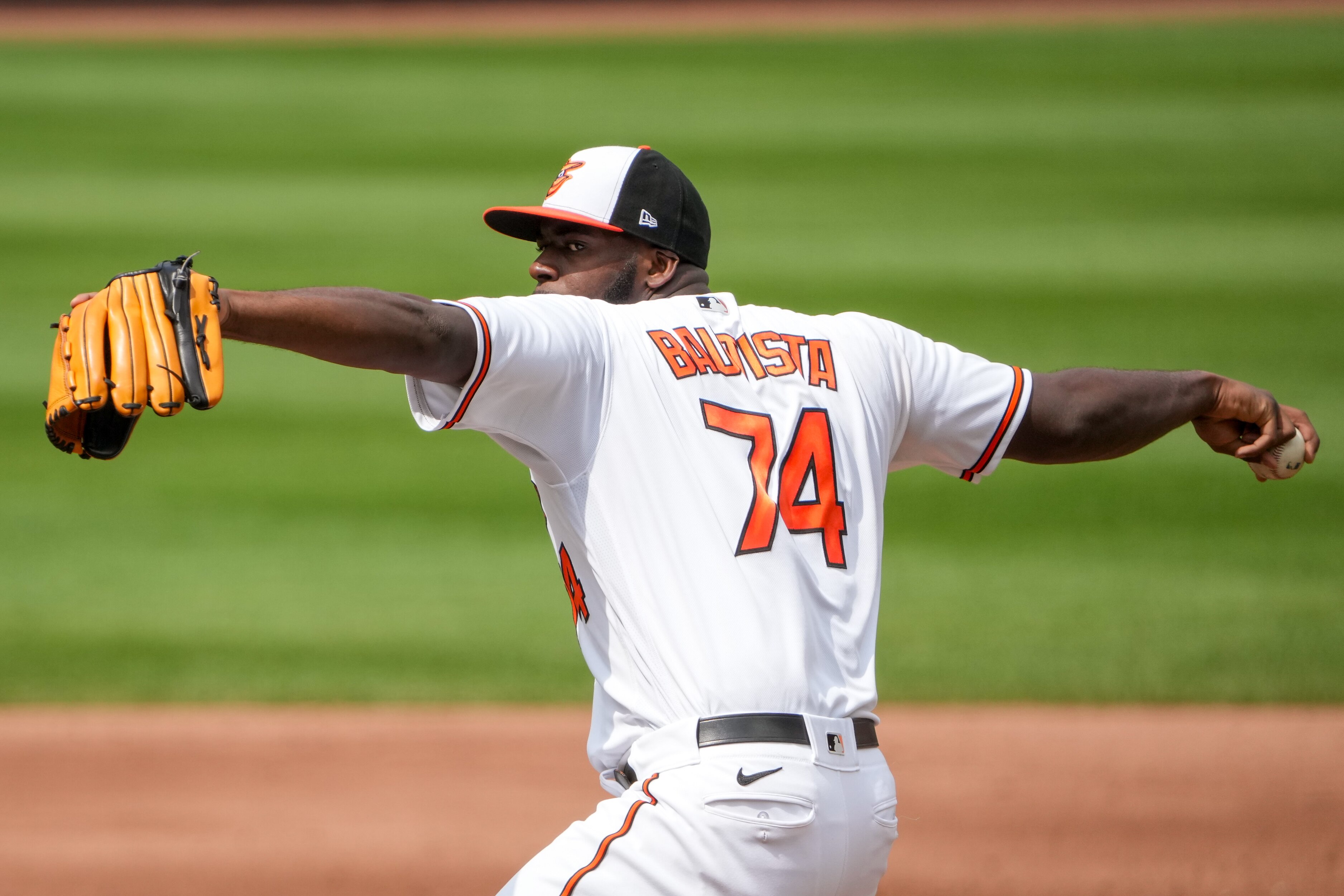 Baltimore Orioles relief pitcher Félix Bautista (74) pitches in the ninth inning of a baseball game against the Houston Astros at Oriole Park at Camden Yards in Baltimore on Aug. 10, 2023.