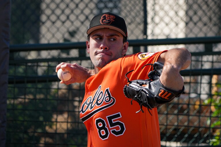 Grayson Rodriguez (85) delivers a pitch during practice at Ed Smith Stadium in Sarasota on 2/22/23. The Baltimore Orioles’ Spring Training session runs from mid-February through the end of March.