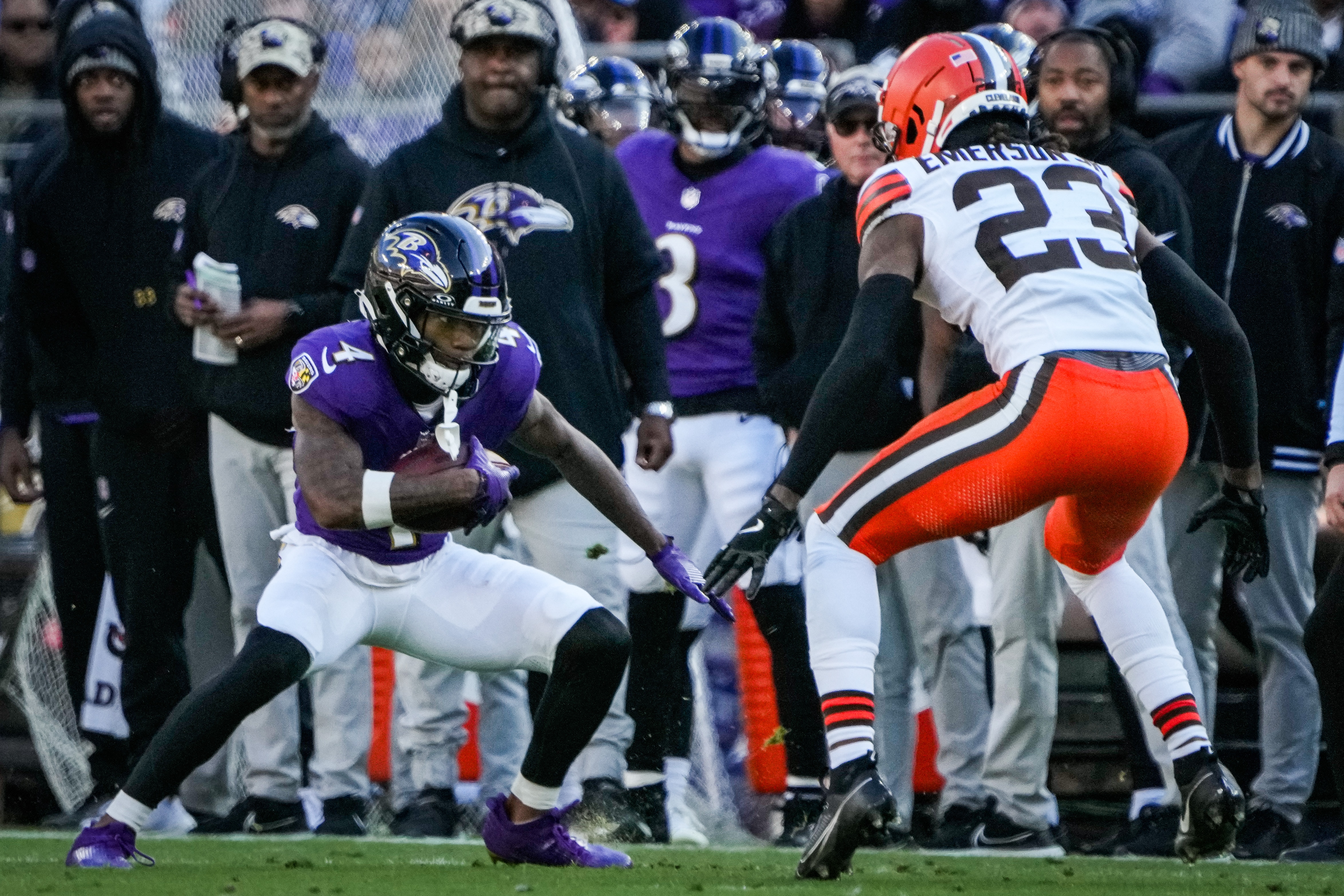 Baltimore Ravens wide receiver Zay Flowers (4) looks for a route past Cleveland Browns cornerback Martin Emerson Jr. (23) during the second quarter at M&T Bank Stadium on Sunday, Nov. 12, 2023.