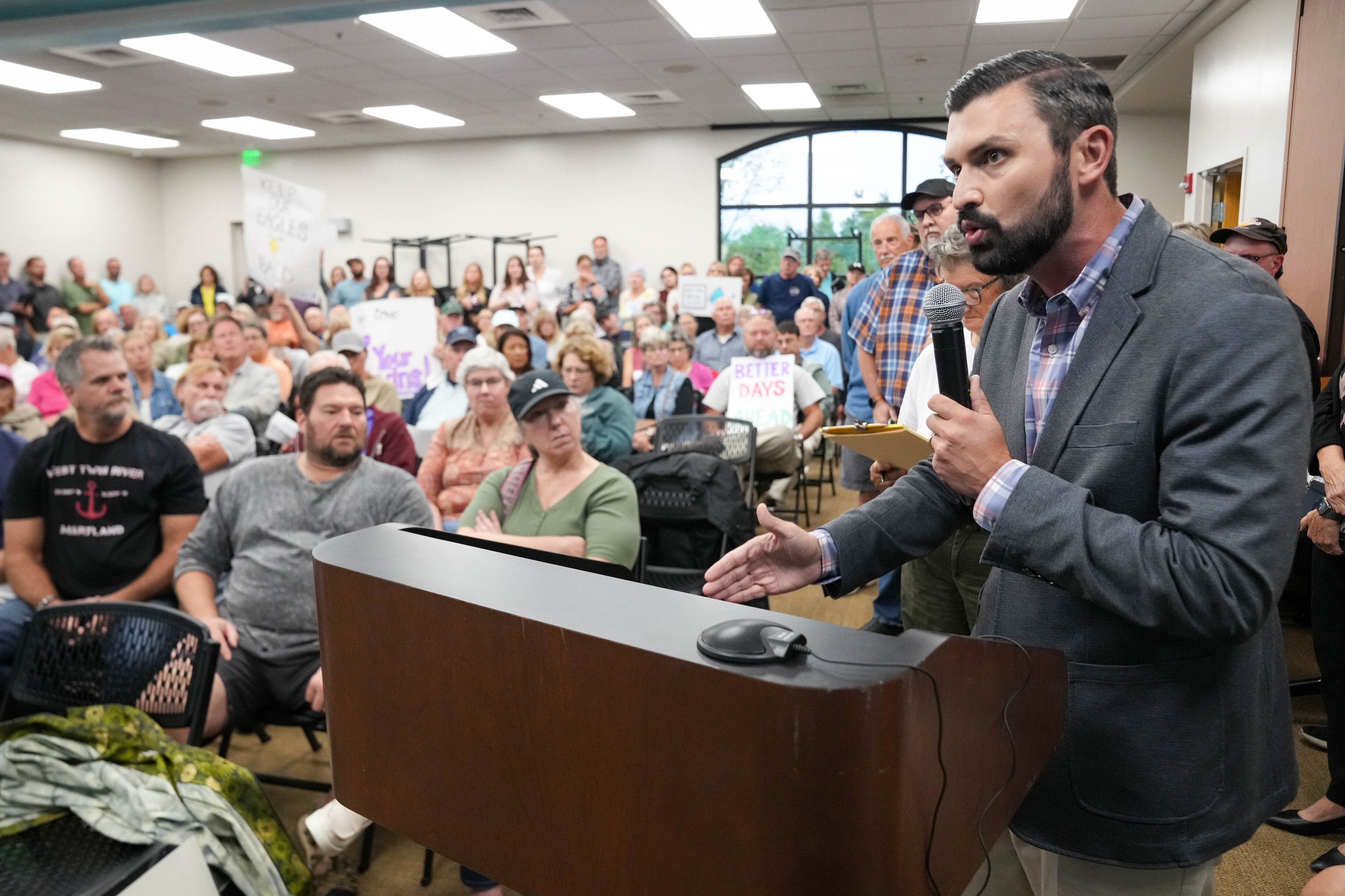 Del. Ryan Nawrocki gives his testimony during a public hearing on Tuesday evening over a potential permit for the Days Cove Rubble Landfill to release leachate into the Gunpowder River.