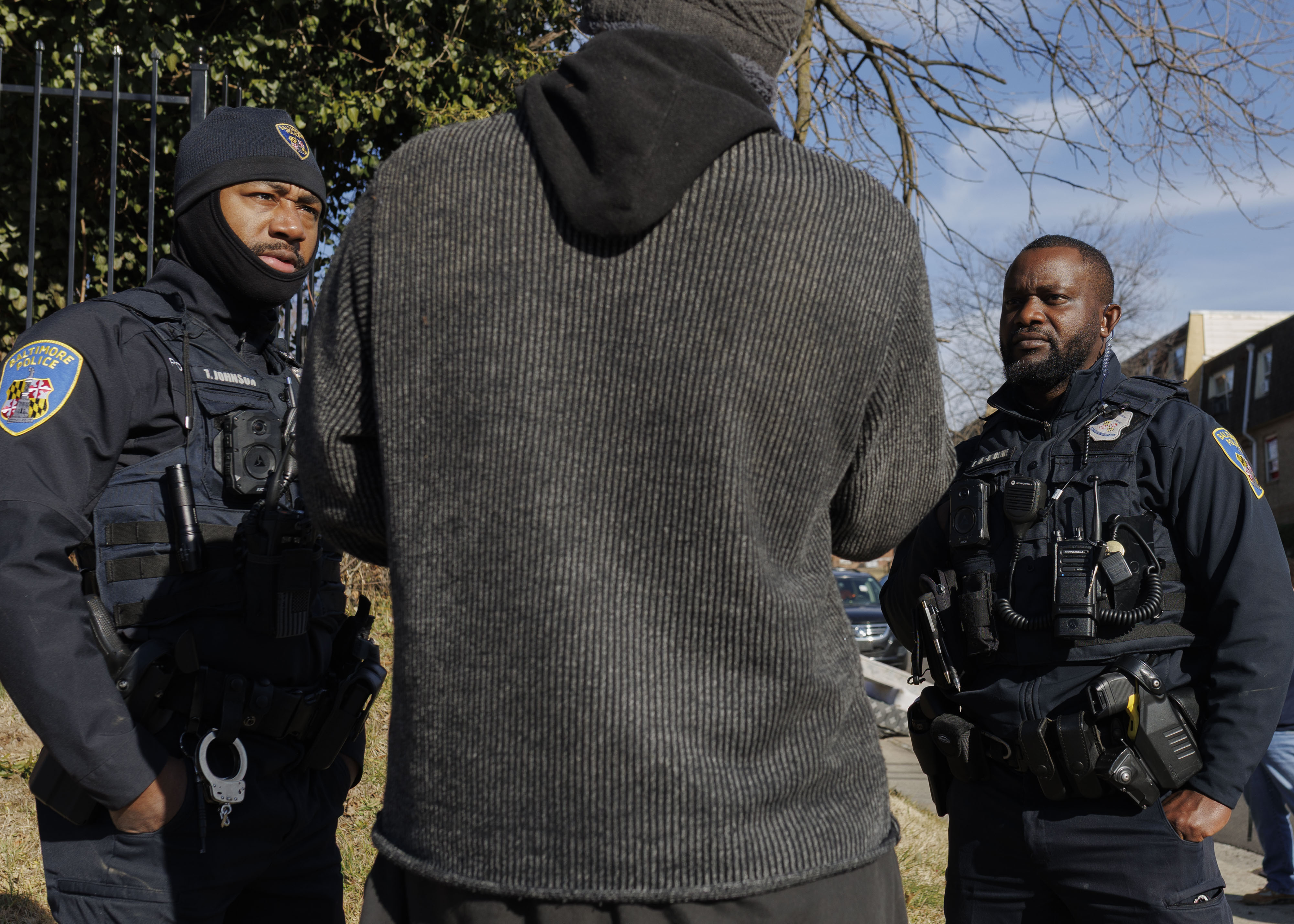 Baltimore Police officers joined medics and trained mental health counselors from the police department’s Crisis Response Team respond to a crisis call from an unhoused person in January.