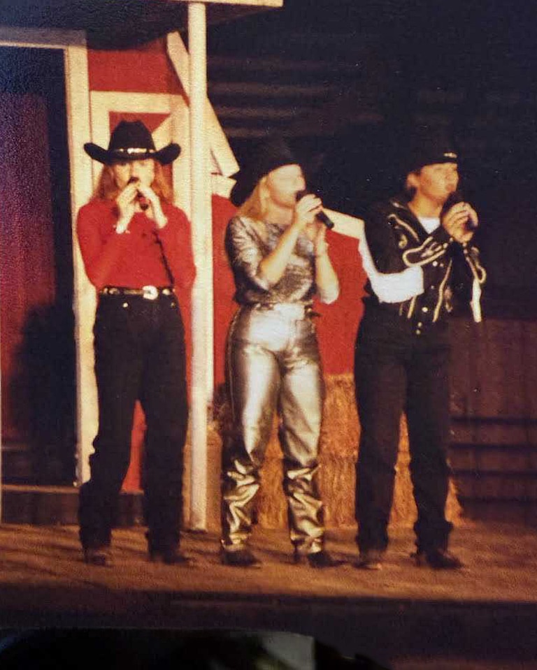 The Marchel sisters, Kandee, Mindy, and Samantha, during performances at their family's chuck wagon dinner and Wild West show in Dodge City, Kansas.