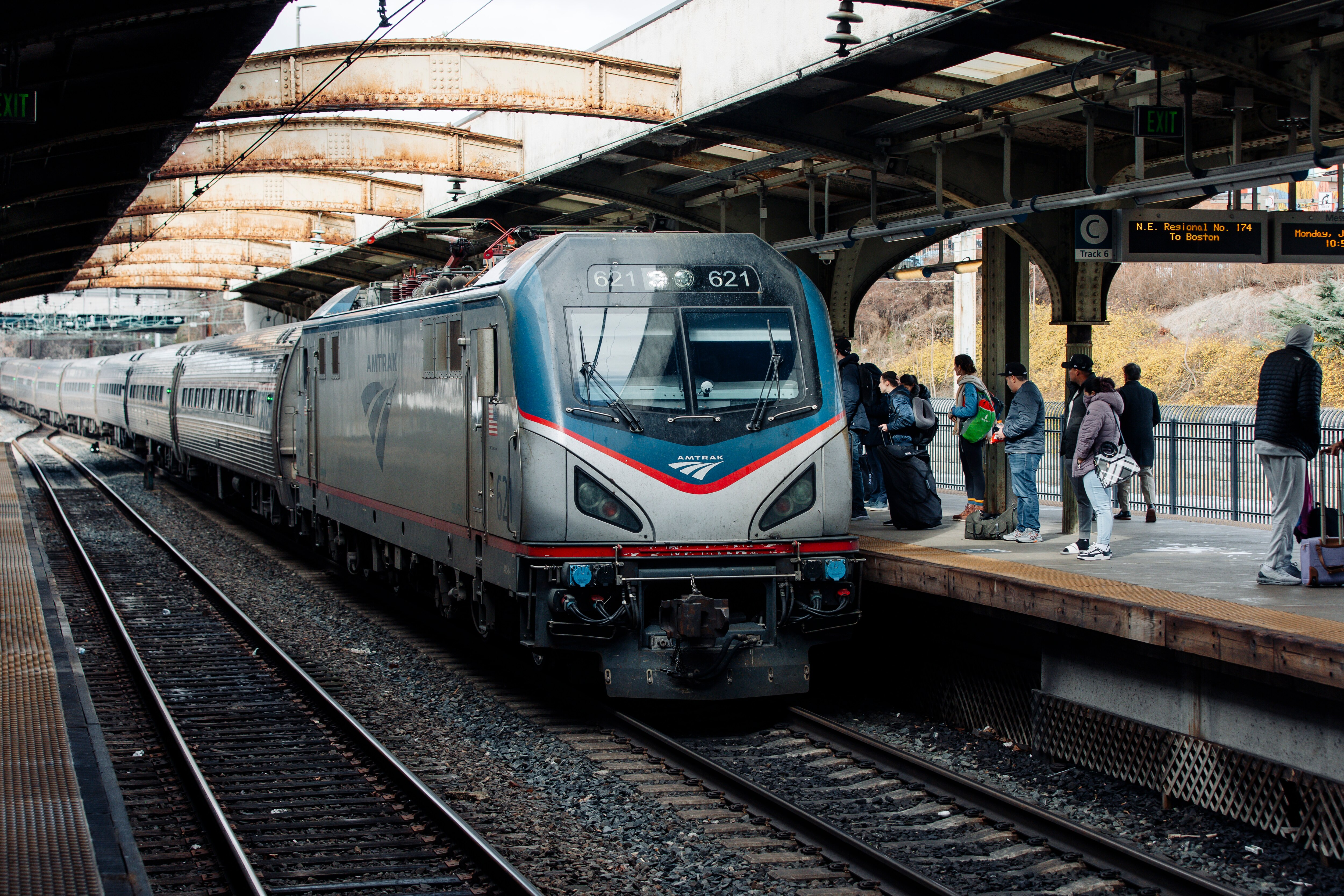 An Amtrak train arrives train going to Boston arrives at Penn Station on Monday, Jan. 29, 2024 in Baltimore, MD.