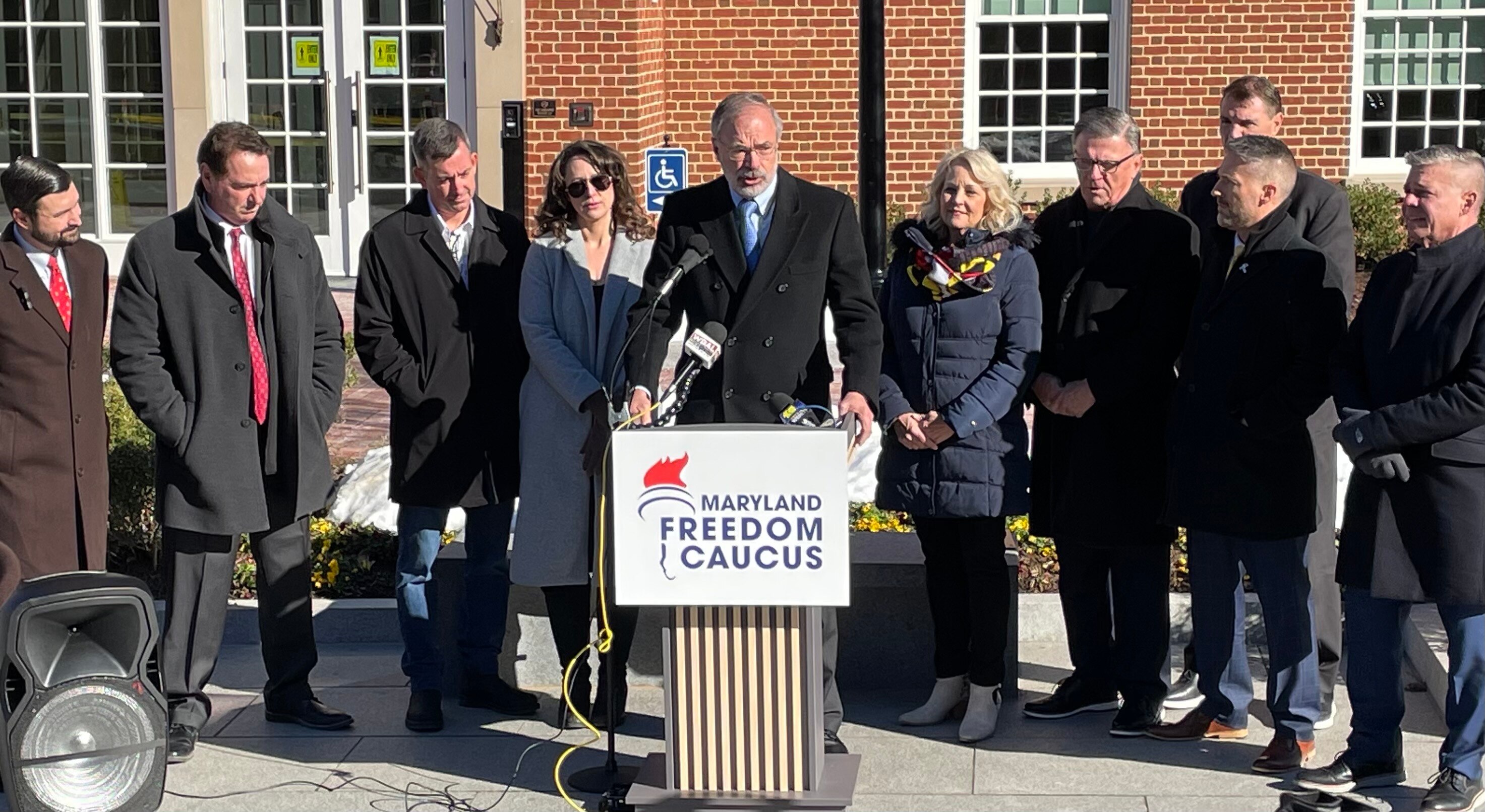 U.S. Rep. Andy Harris, Maryland’s lone Republican representative in Congress, speaks at a launch for the Maryland Freedom Caucus on Lawyers Mall in Annapolis.