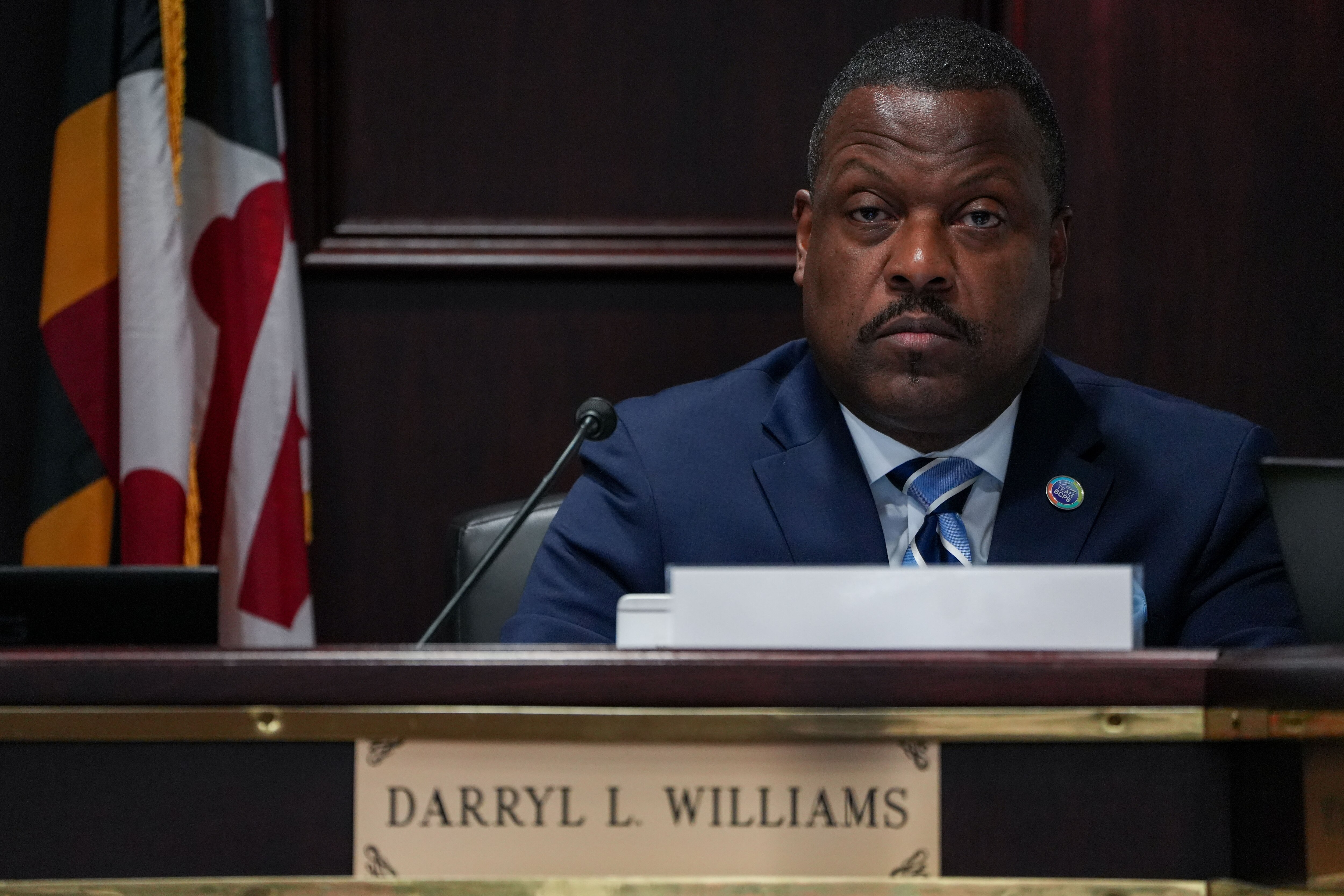 Darryl L. Williams, Superintendent of the Baltimore County Public School System, listens during the Board of Education’s bi-weekly meeting at the Greenwood Campus on 8/23/22.