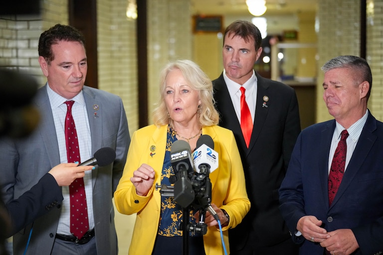 Del. Kathy Szeliga holds an impromptu press conference with other members of the Maryland Freedom Caucus at the Maryland State House on Sine Die in Annapolis, Md. on Monday, April 7, 2025. To her side are Dels. Matt Morgan, Brian Chisolm and Mark Fisher.