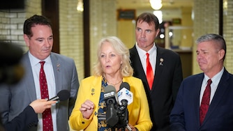 Del. Kathy Szeliga holds an impromptu press conference with other members of the Maryland Freedom Caucus at the Maryland State House on Sine Die in Annapolis, Md. on Monday, April 7, 2025. To her side are Dels. Matt Morgan, Brian Chisolm and Mark Fisher.
