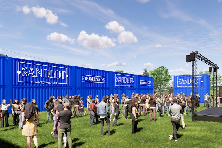 Renderings for Sandlot Largo, a community and events space that began in Washington, D.C., will open at the planned development site of the Promenade at Lottsford.