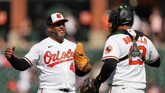 Orioles pitcher Albert Suarez, left, and catcher Samuel Basallo, right, celebrate the team's victory over the Texas Rangers.