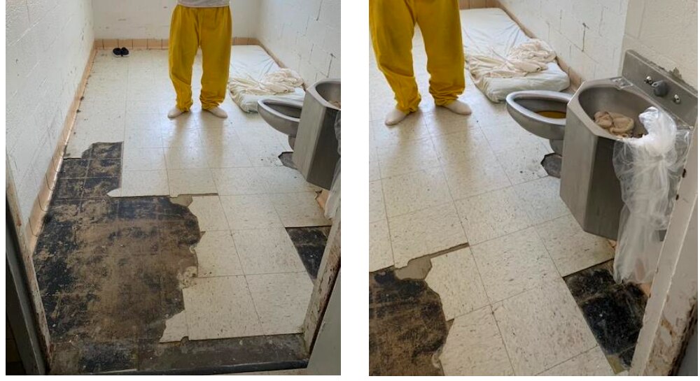 Photographs taken during an August tour of the Baltimore Central Booking and Intake Center and its medical infirmary show the conditions of a cell there, including an overflowing toilet and a thin mattress on the floor, which is chipping away.