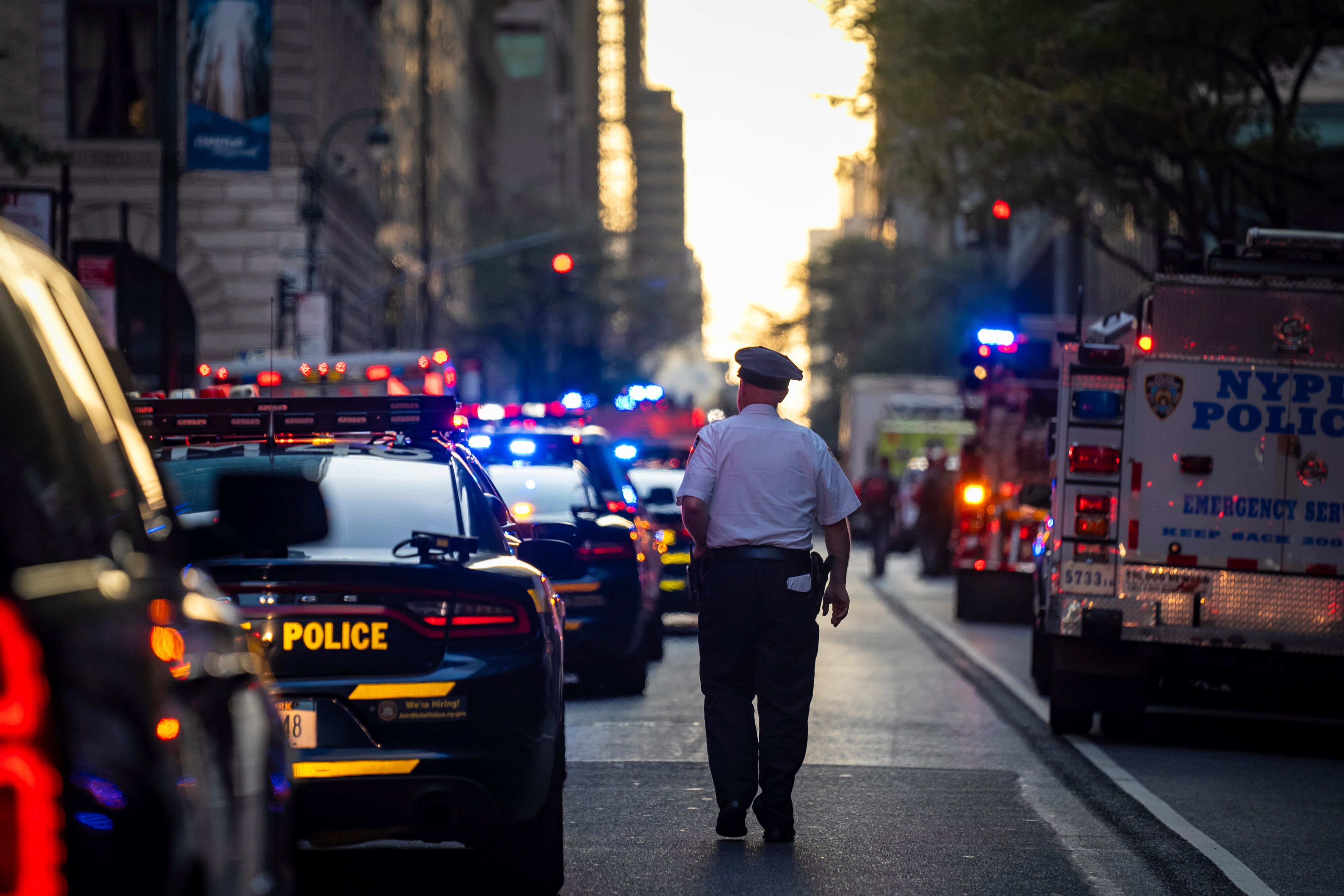 The scene on 52nd Street between Park and Lexington Avenue where a New York Police Department police officer was shot, Monday, July 28, 2025, in New York.