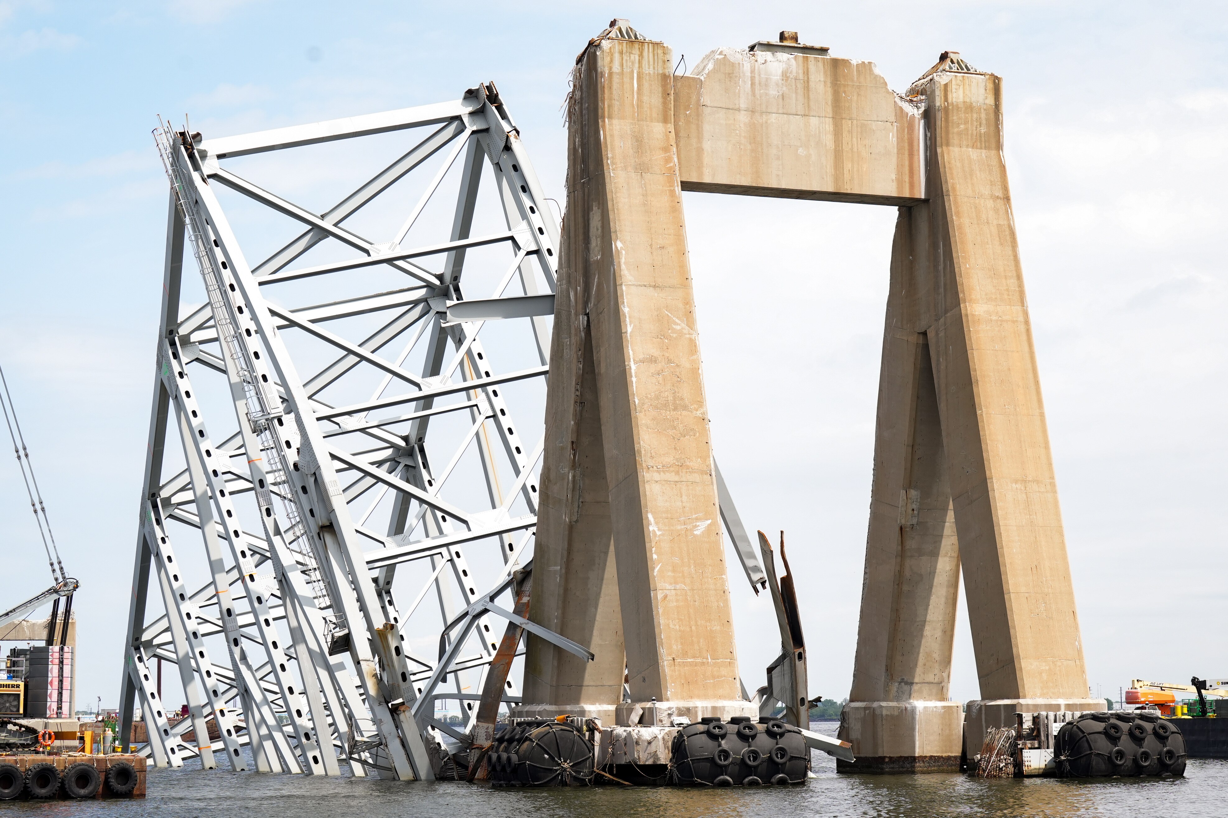 Wreckage from the collapsed Francis Scott Key Bridge is seen in the Patapsco River on April 25, 2024.
