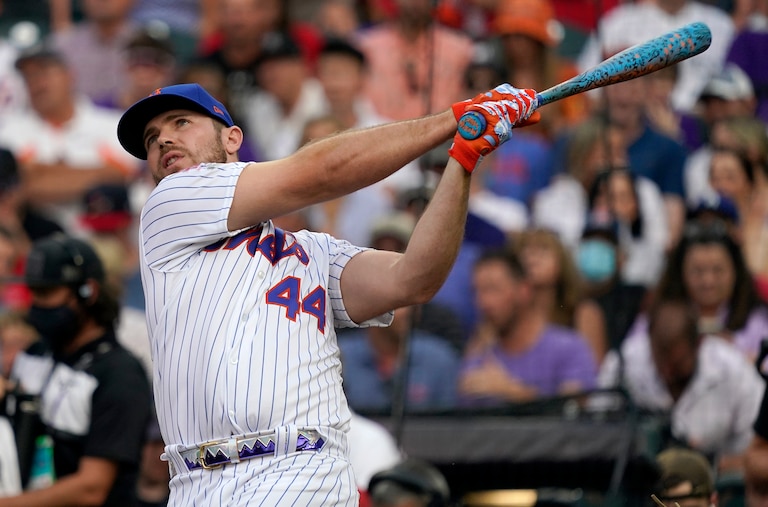 National League's Pete Alonso of the New York Mets, hits during the first round of the MLB All Star baseball Home Run Derby, Monday, July 12, 2021, in Denver.