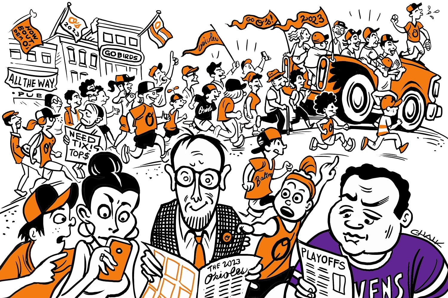 This image shows cartoon characters jumping on an Orioles bandwagon.