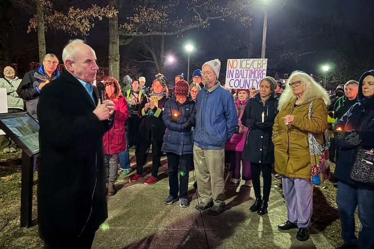THURSDAY, JANUARY 8, 2026 - Baltimore County councilman Izzy Patoka addresses a crowd at Truth and Remembrance Park in Towson during a candlelight vigil on Thursday evening to mark the memory of Renee Nicole Good, who was killed by an ICE officer on Wednesday.